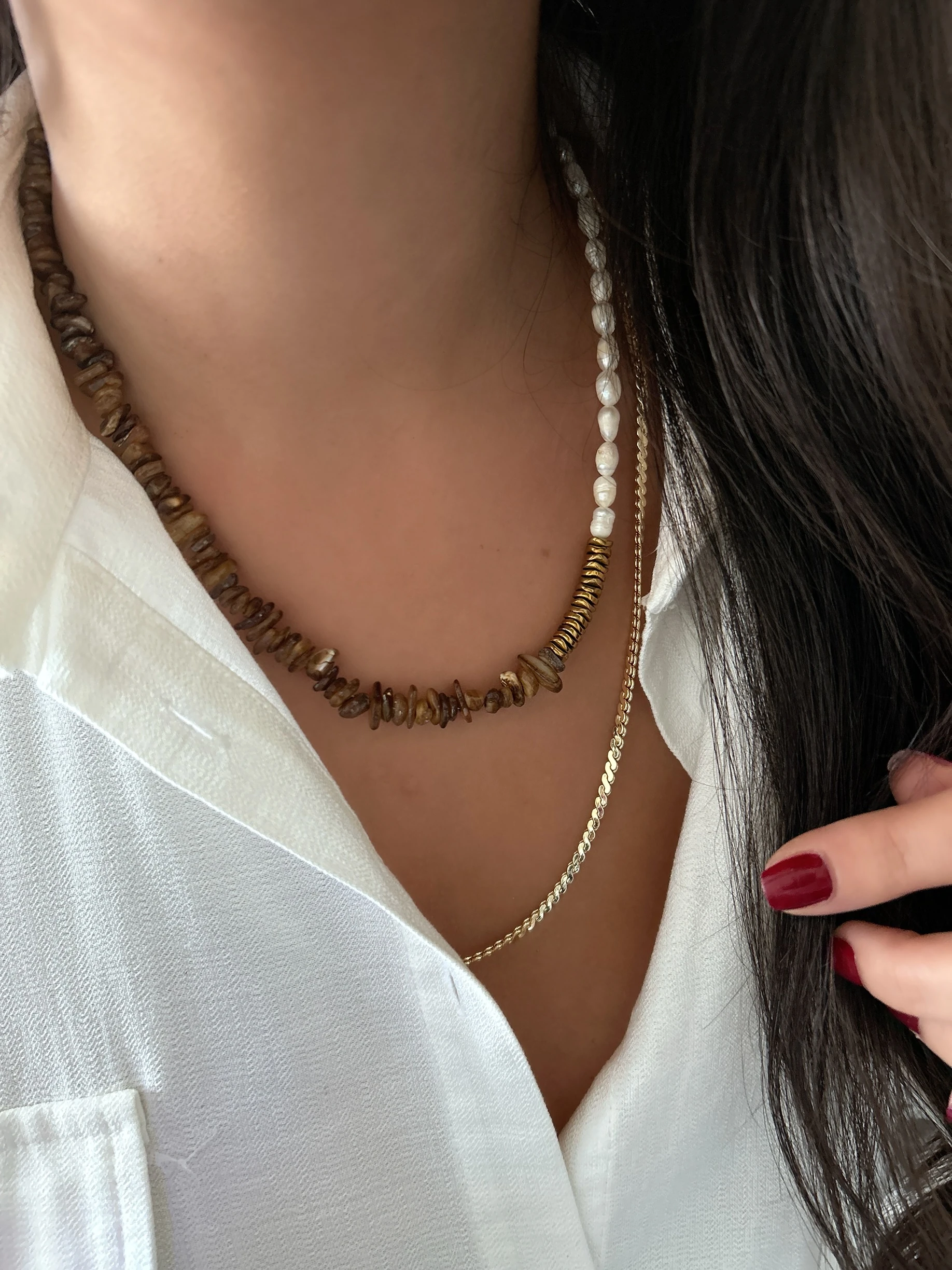 Golden Earth: Kahve Sedef & Barok İnci Taşlı Lüks Kolye