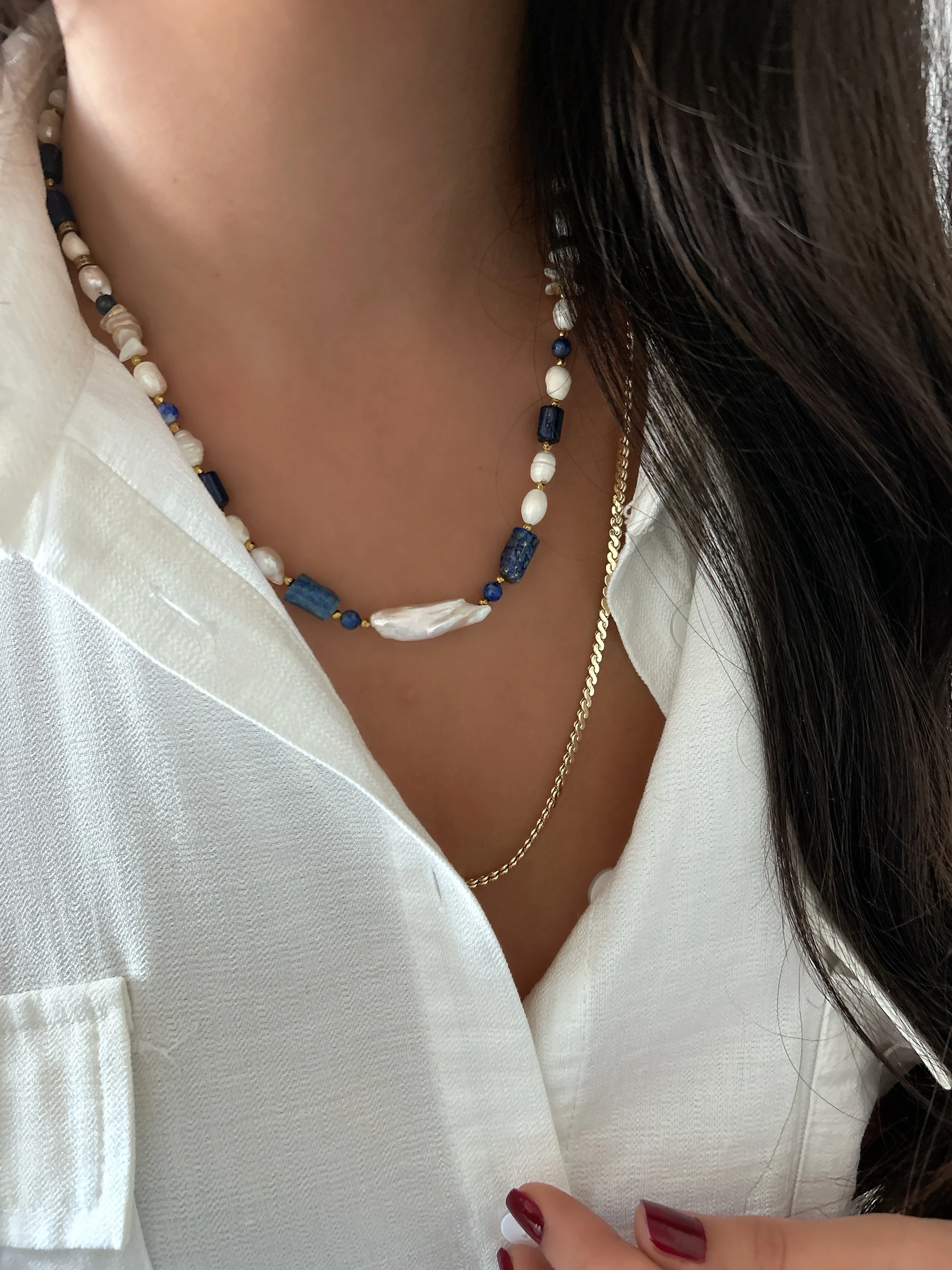 Elysian Luxe – Lapis Lazuli ve Doğal İnci Taşlı Özel Tasarım Kolye