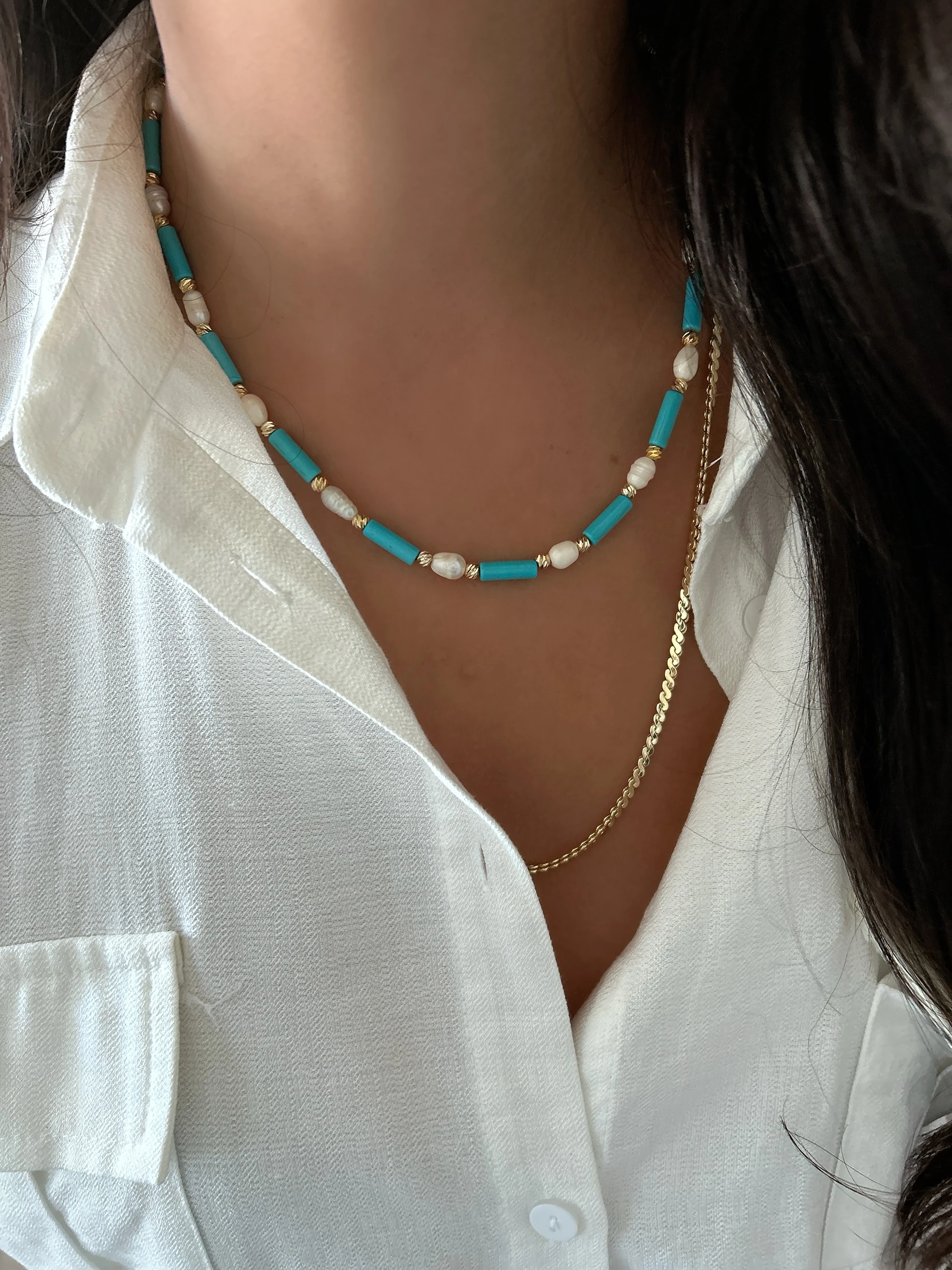 Azure Grace: Turkuaz & Barok İnci Taşlı Lüks Kolye