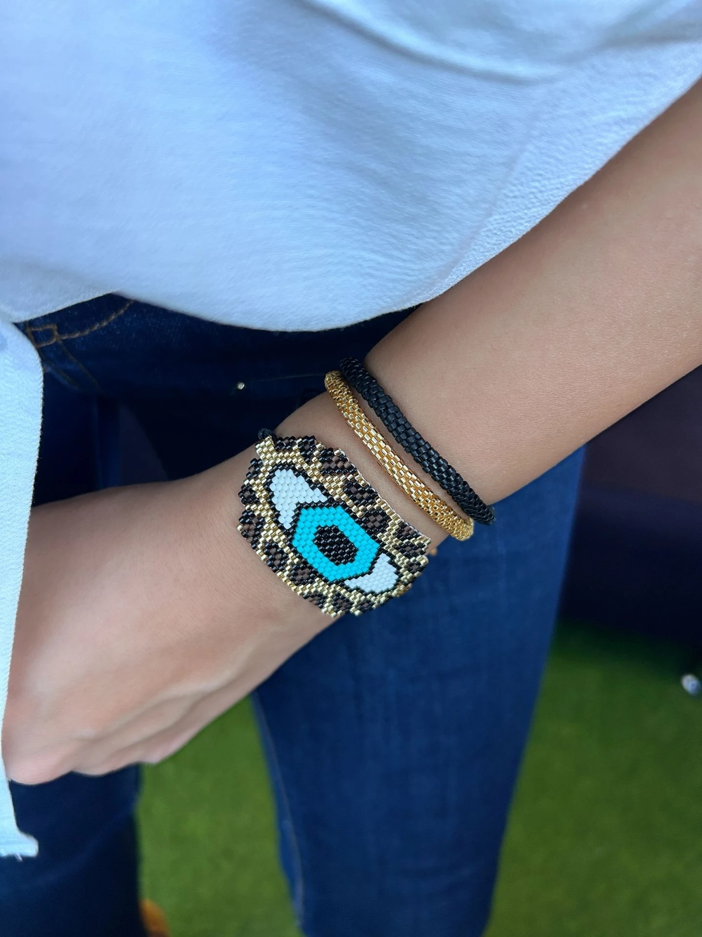 Leopar Tasarım Göz ve Gold & Siyah Spiral Üçlü Miyuki Bileklik Seti