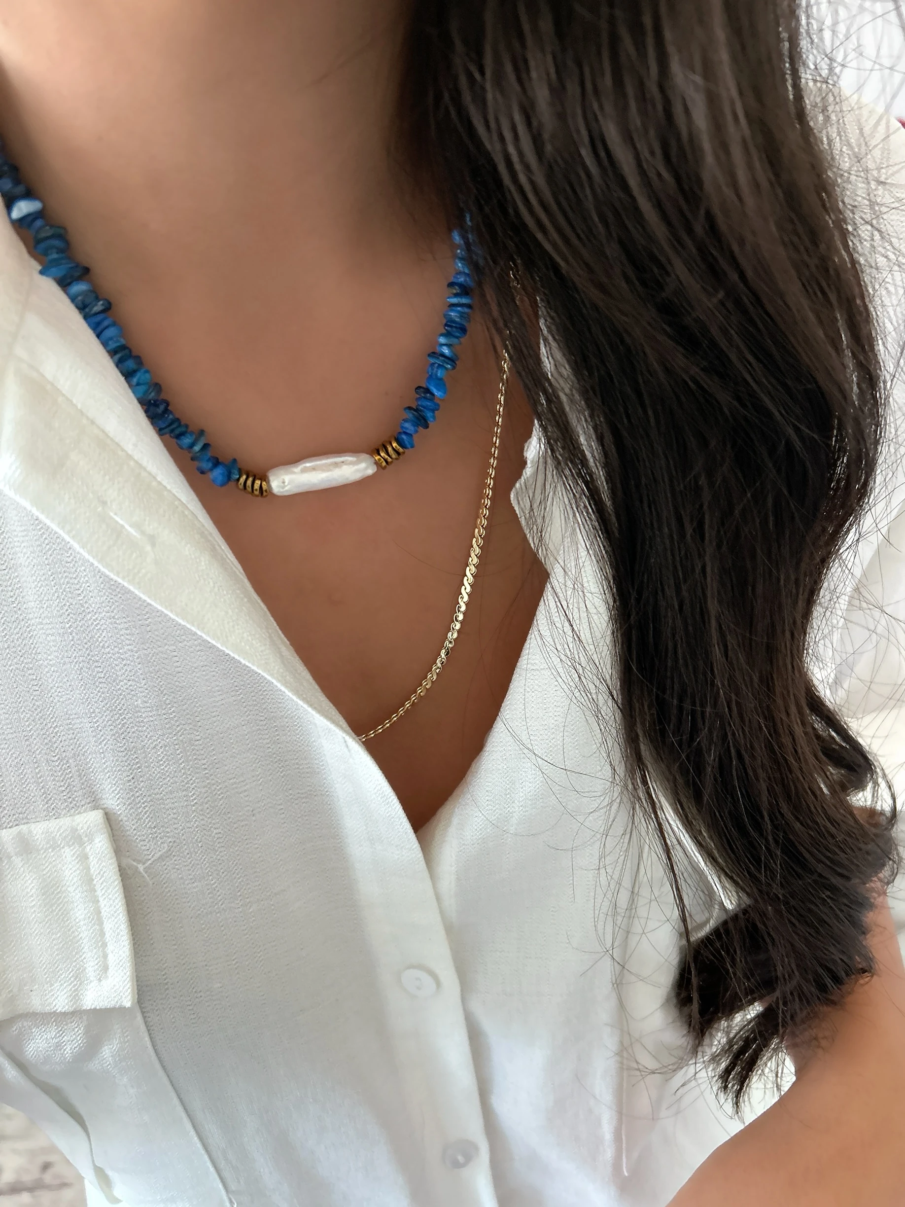 "Derin Mavi" El Yapımı Lacivert Sedef Taşı ve İncili Kolye