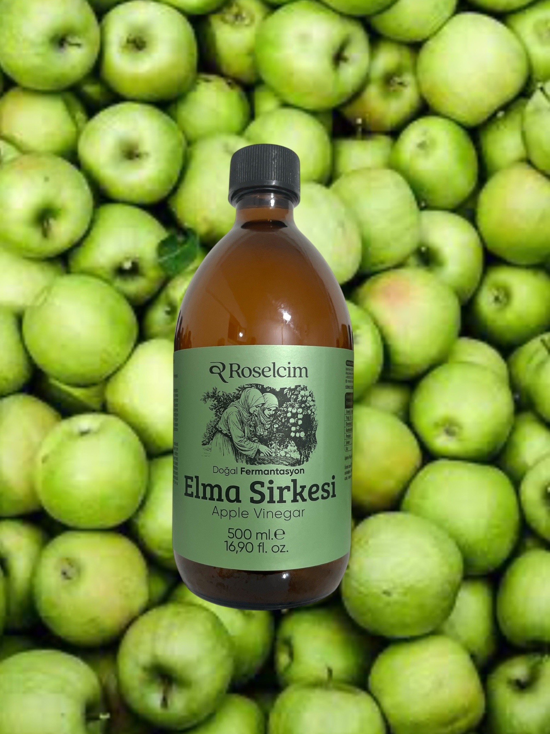 500 ml Doğal Fermente Yeşil Elma Sirkesi (Cam Şişe)
