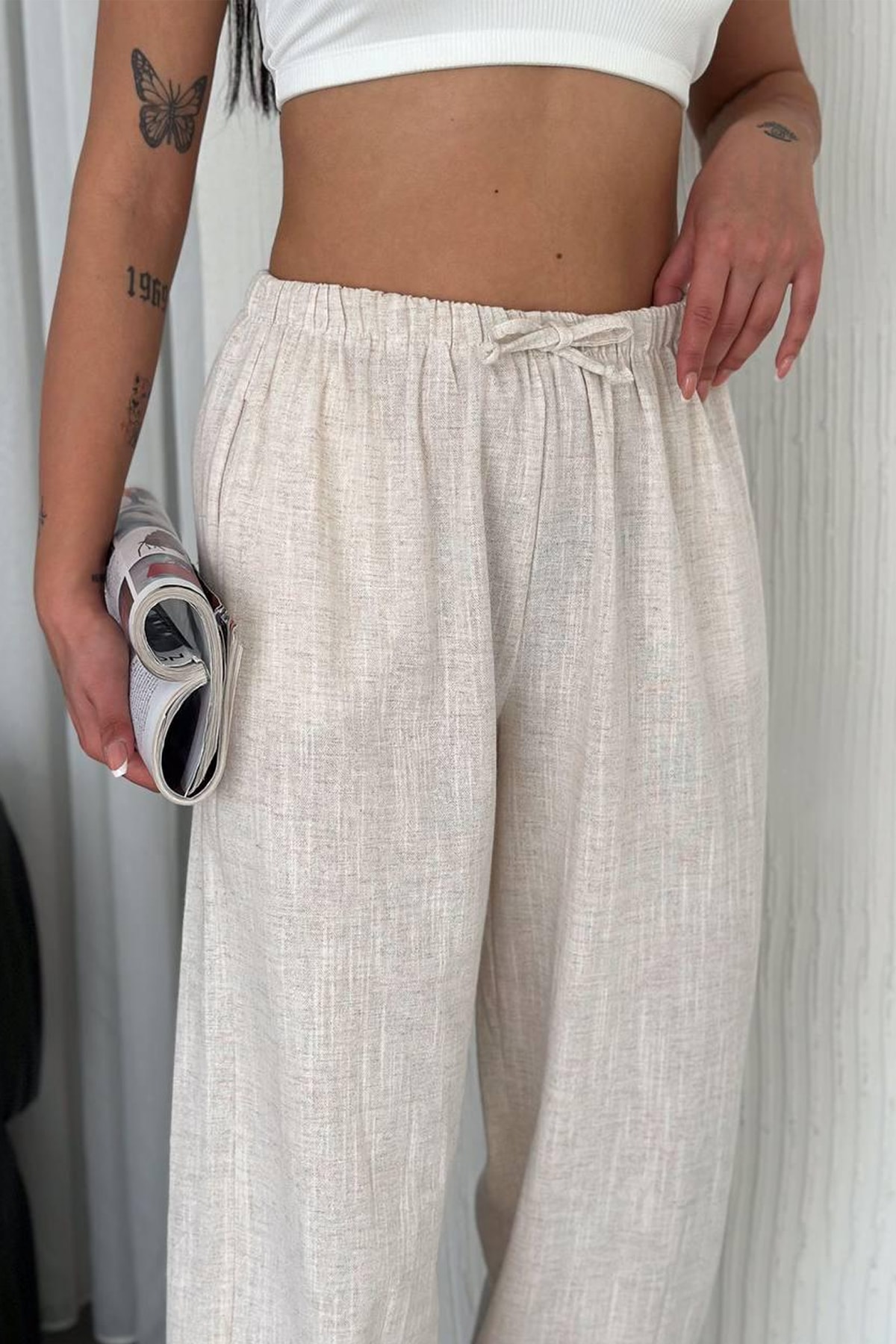 Kadın Keten Bel Lastikli Bol Pantolon – Doğal & Konforlu Stil