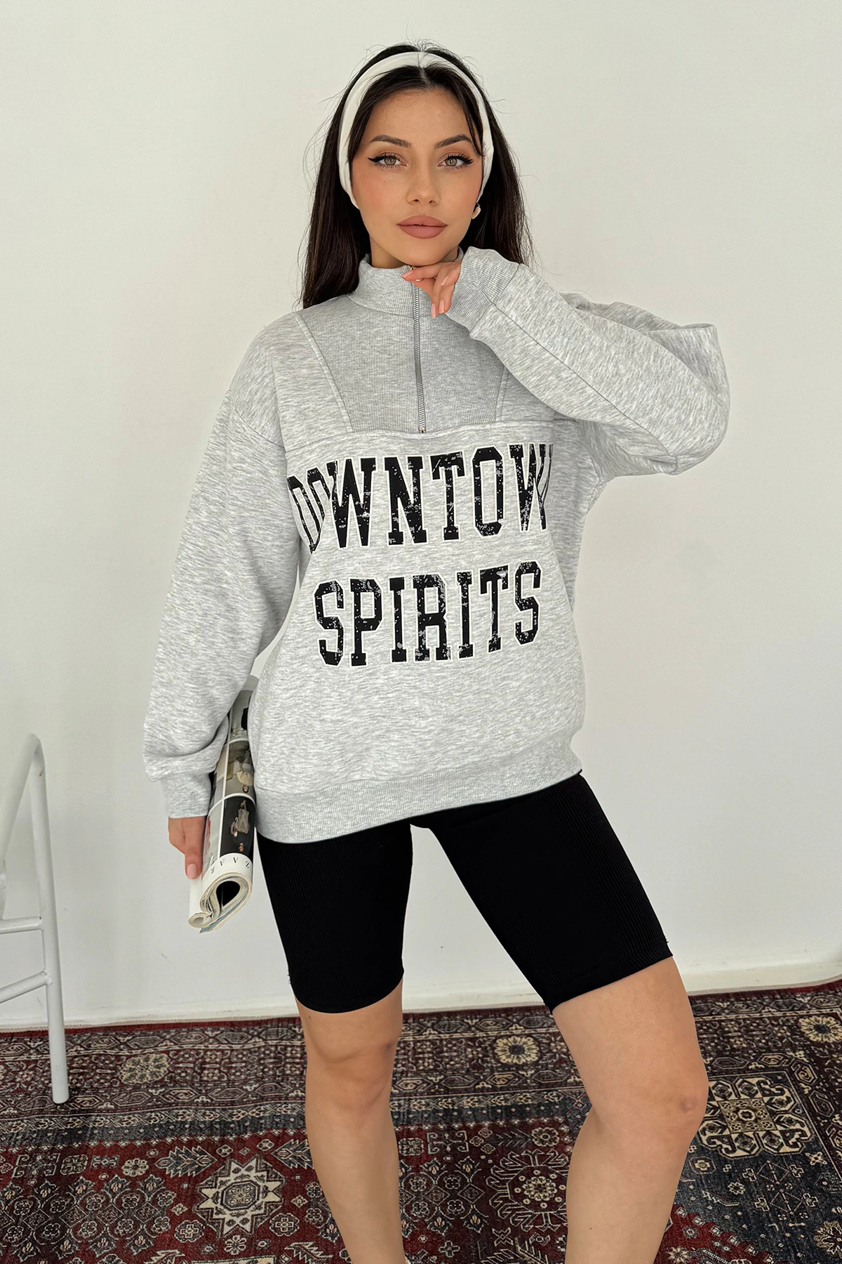 Kadın Fermuarlı Baskılı Sweatshirt – Downtown Energy