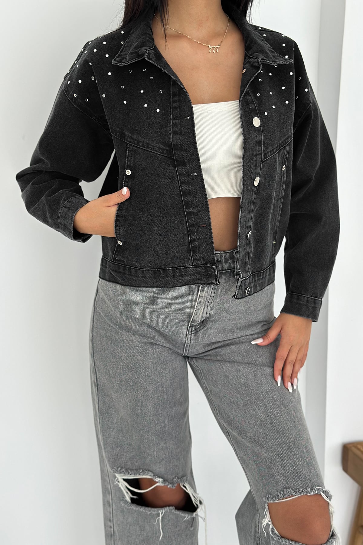 Kadın Taş Detaylı Denim Ceket – Astarsız & Cool Model
