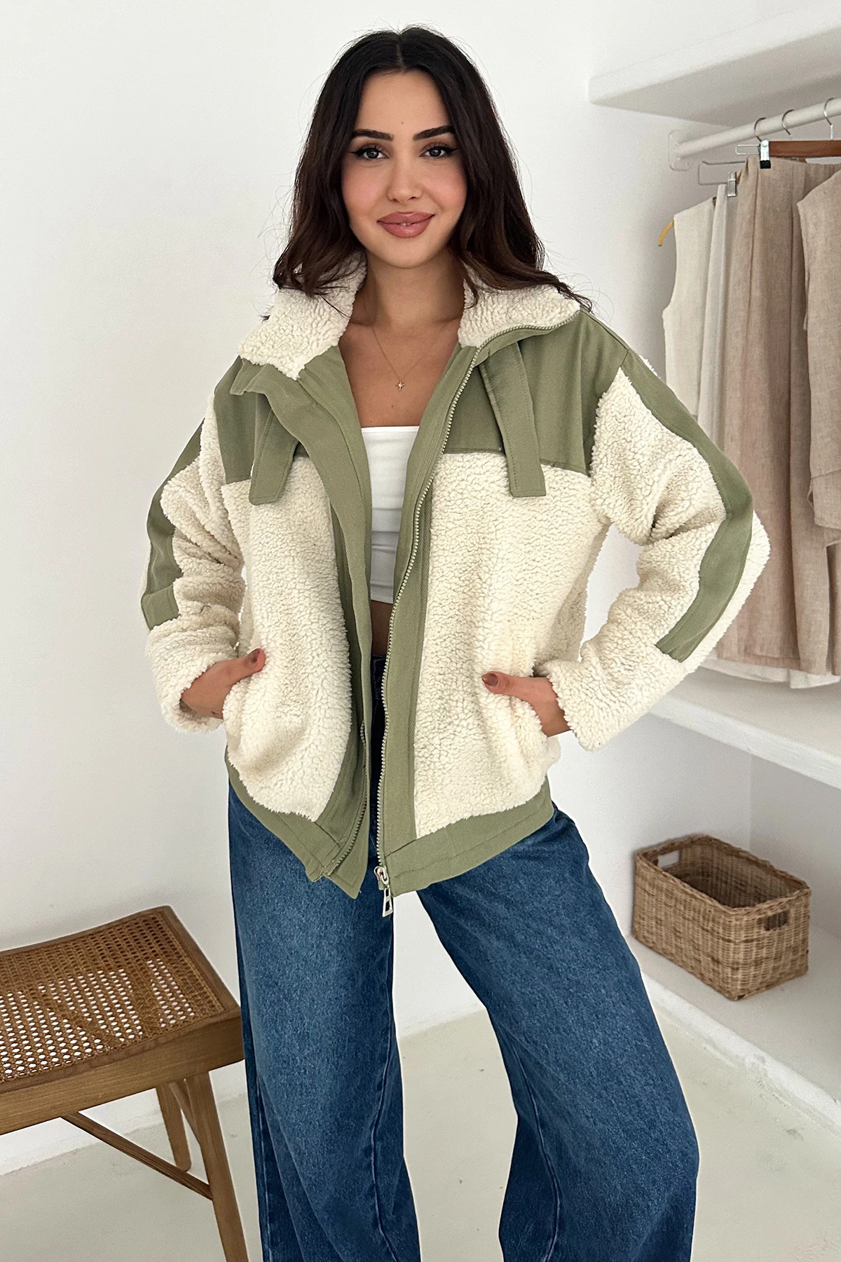 Kadın Renk Bloklu Fermuarlı Sherpa Mont – Cozy Contrast