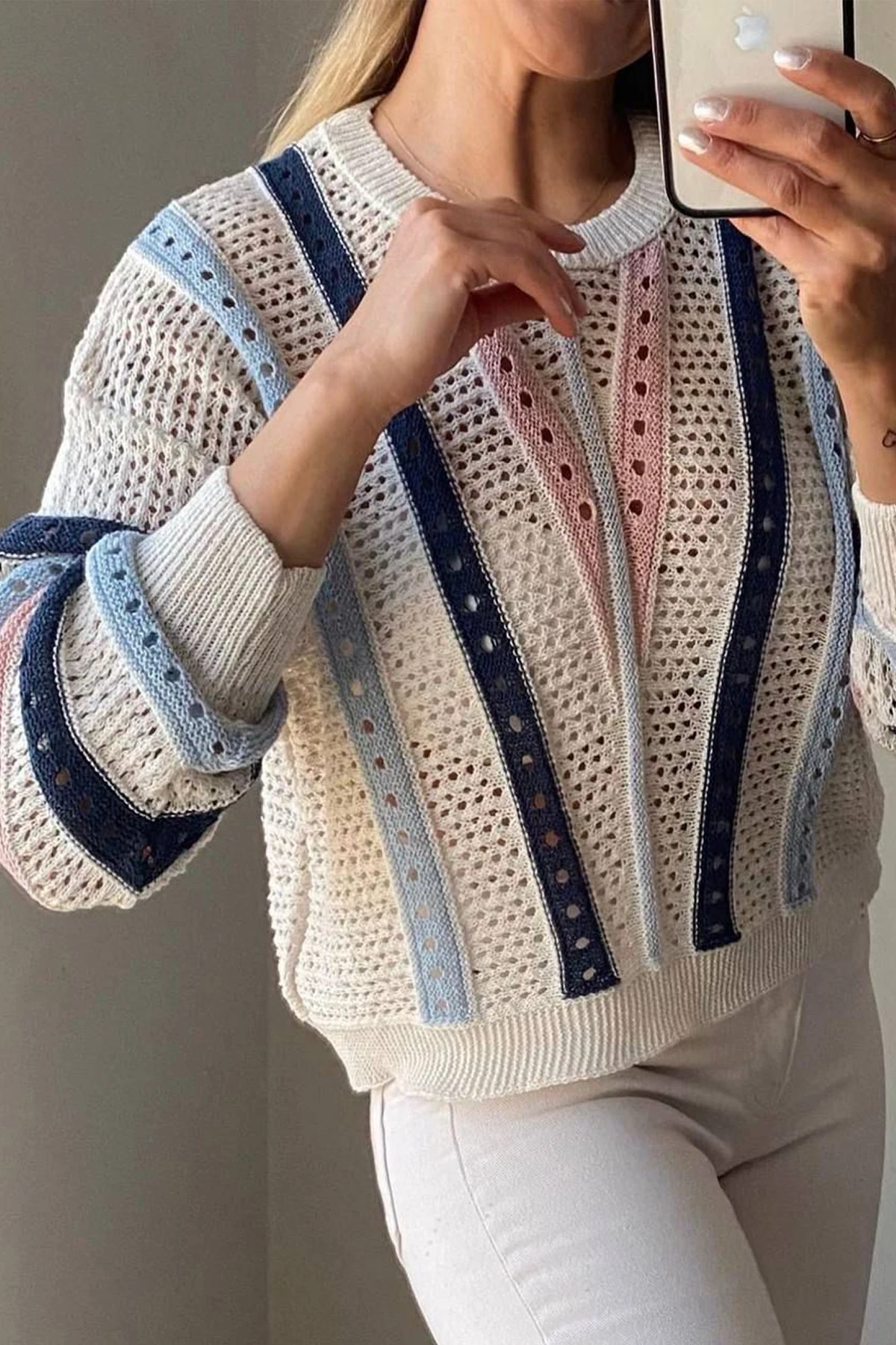 Kadın Renkli Çizgili Açık Örgü Kazak – Rahat & Bohem Stil