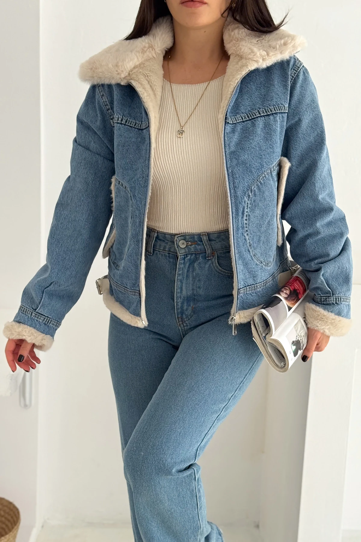 Kadın Kürk Astarlı Denim Ceket – Sıcak & Sokak Stili