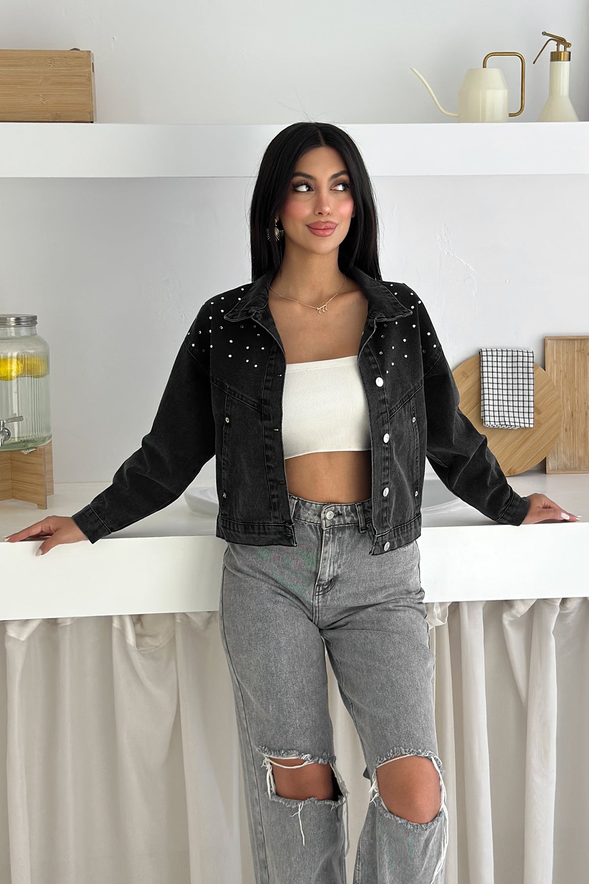 Kadın Taş Detaylı Denim Ceket – Astarsız & Cool Model