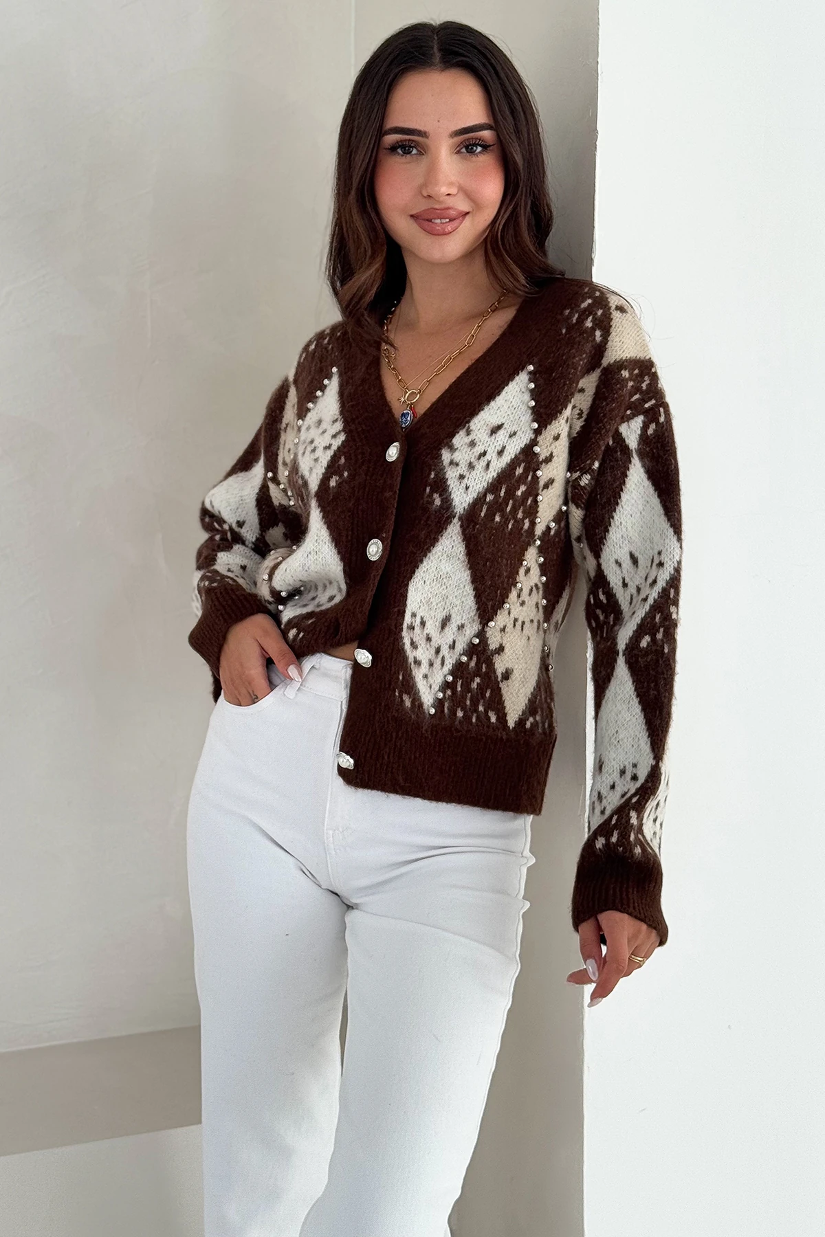 Kadın Argyle Desenli Triko Hırka – Retro & Zarif Stil