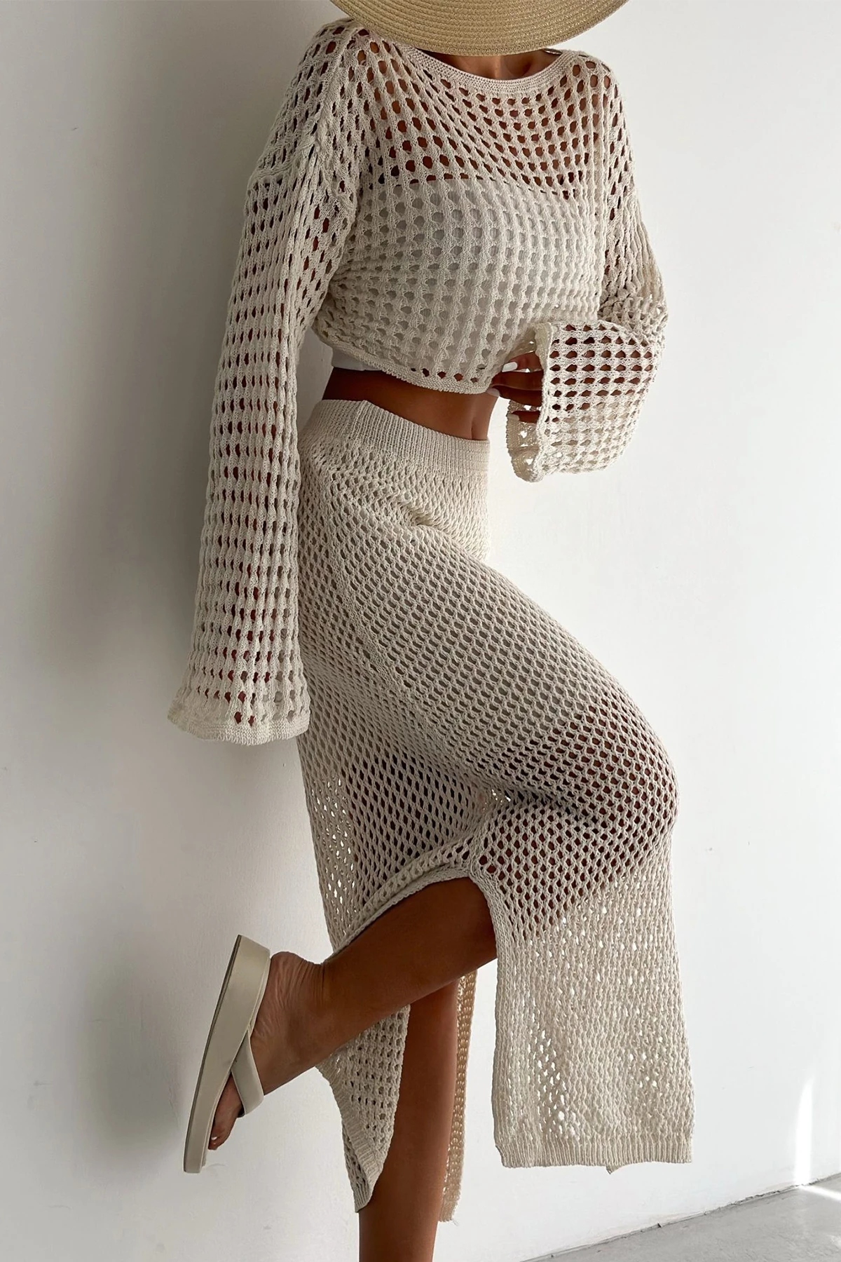 Kadın Örgü Dokulu Yırtmaçlı Midi Etek – Hafif & Yazlık Stil
