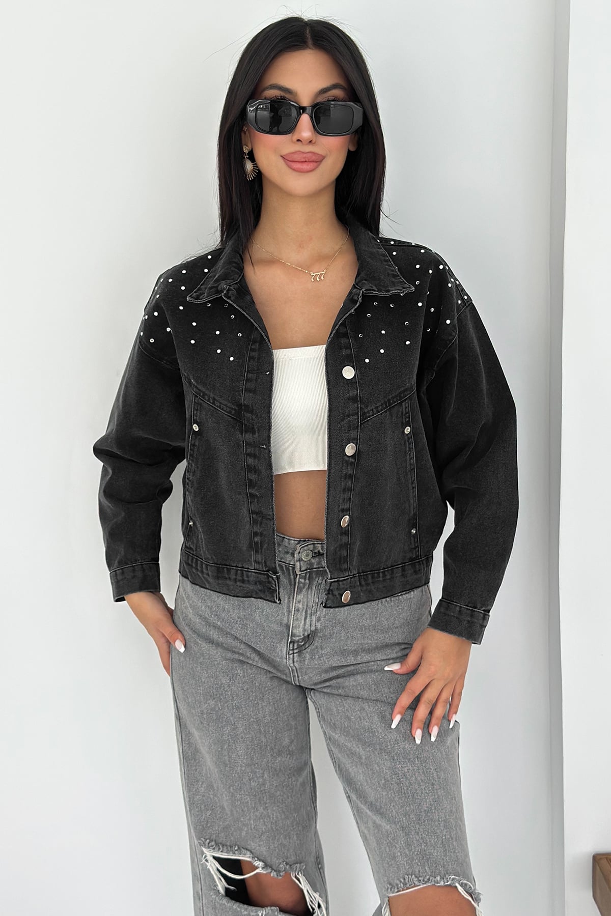 Kadın Taş Detaylı Denim Ceket – Astarsız & Cool Model