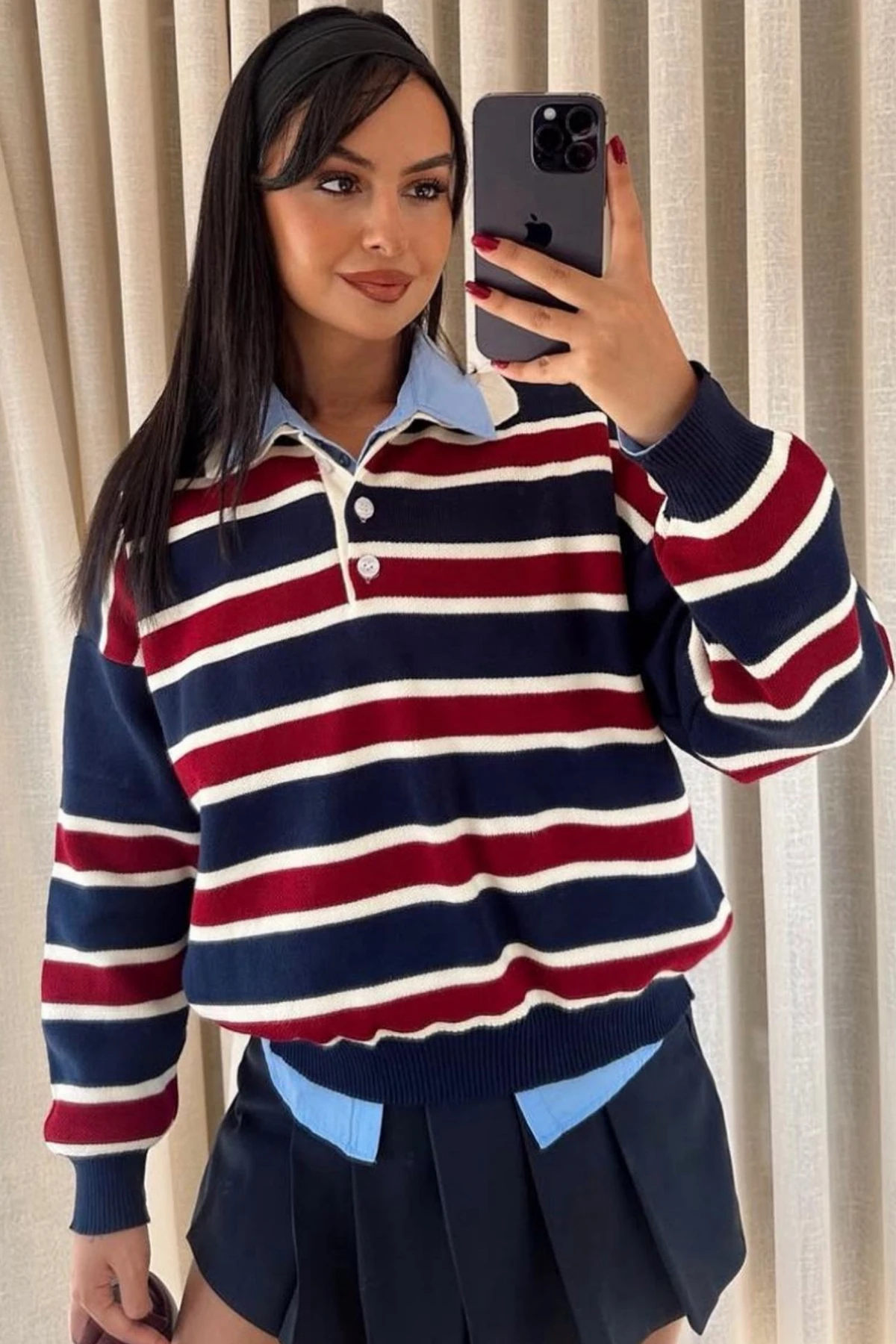 Kadın Çizgili Triko Kazak – Retro & Kampüs Stili