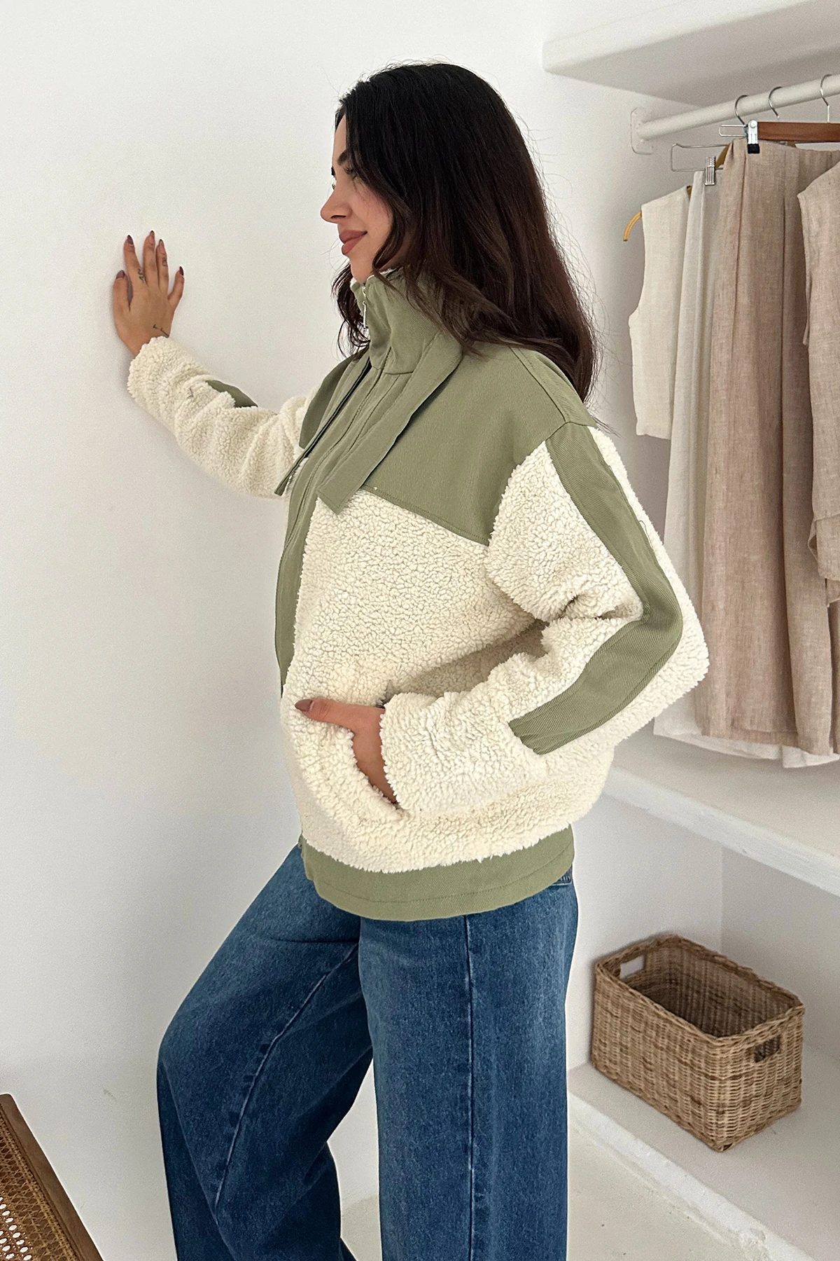 Kadın Renk Bloklu Fermuarlı Sherpa Mont – Cozy Contrast