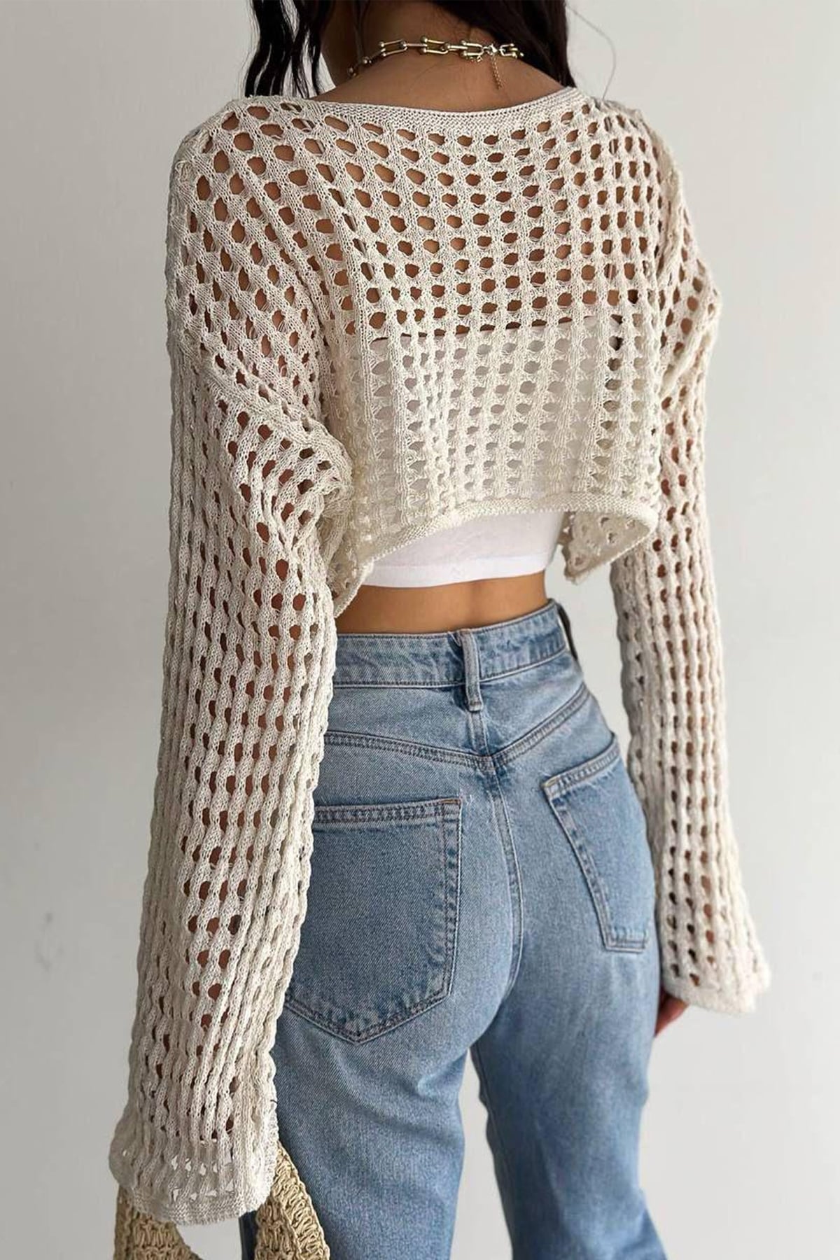 Bohem Beyaz Dantel Crop Bluz – Uzun Kollu, Bol Kesim