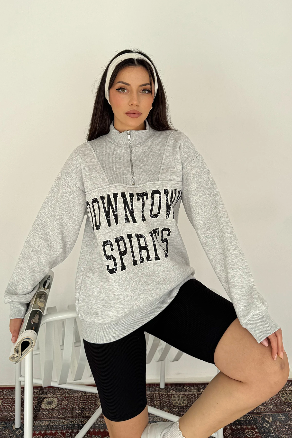 Kadın Fermuarlı Baskılı Sweatshirt – Downtown Energy