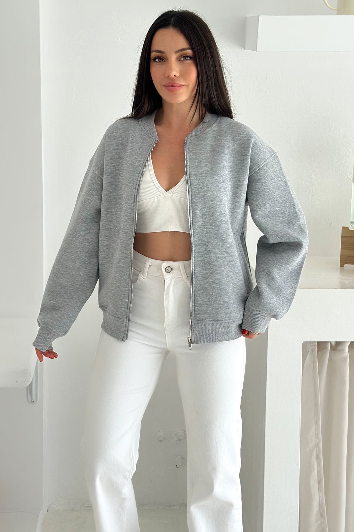 Kadın Fermuarlı Oversize Kolej Hoodie – Sardonlu & Kapüşonlu