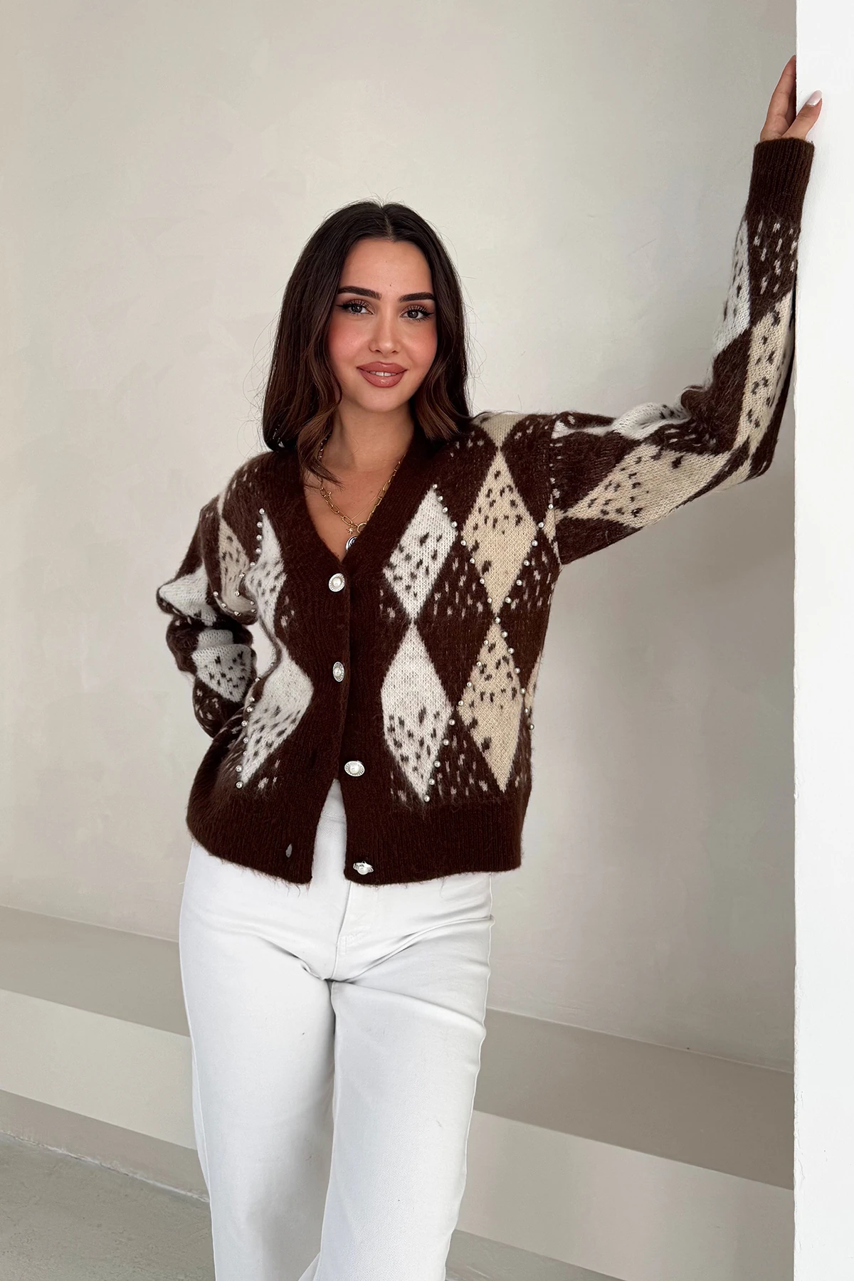 Kadın Argyle Desenli Triko Hırka – Retro & Zarif Stil