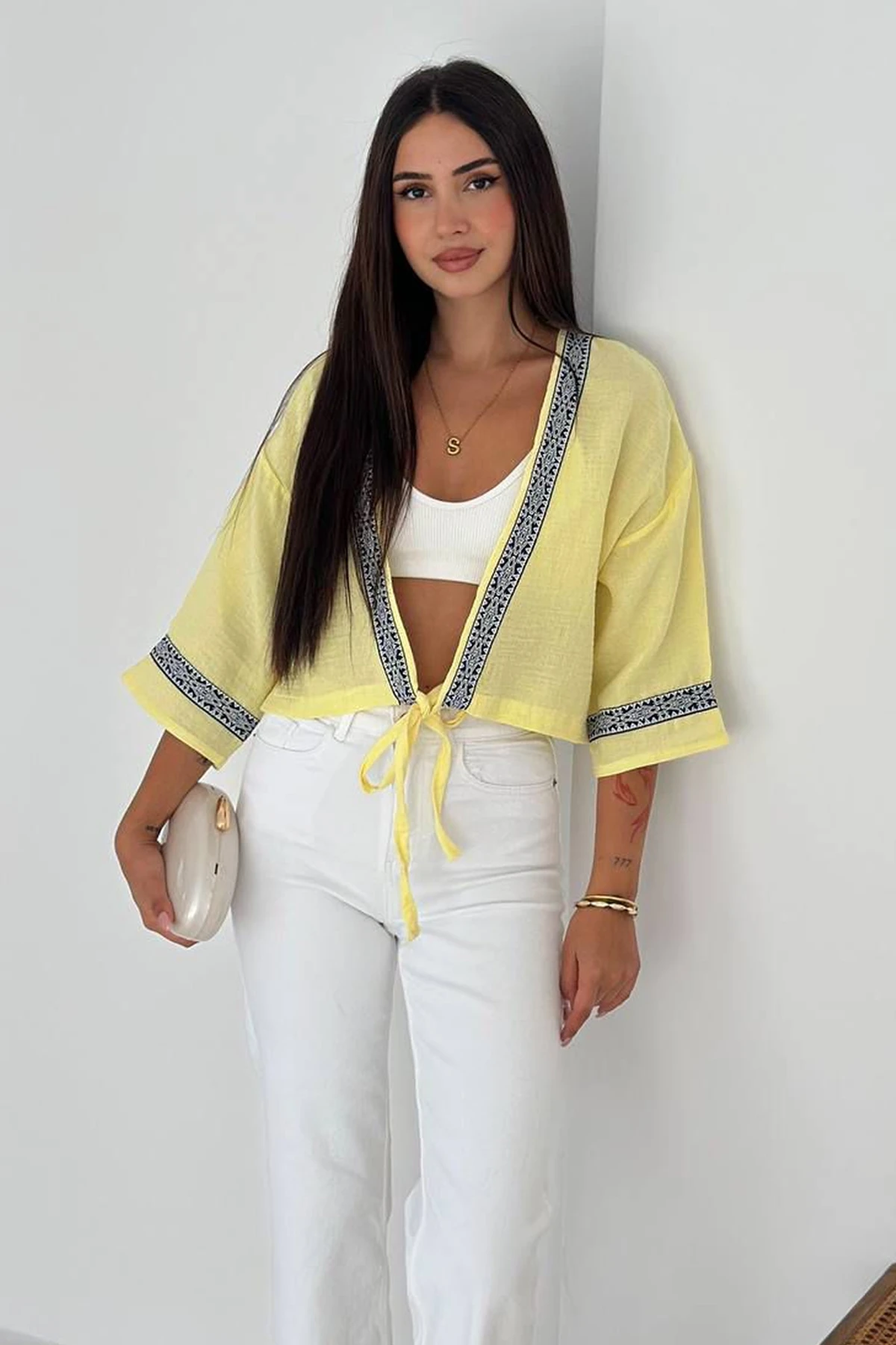 Kadın Bağlamalı Dekor Şeritli Crop Top Gömlek– Street Muse