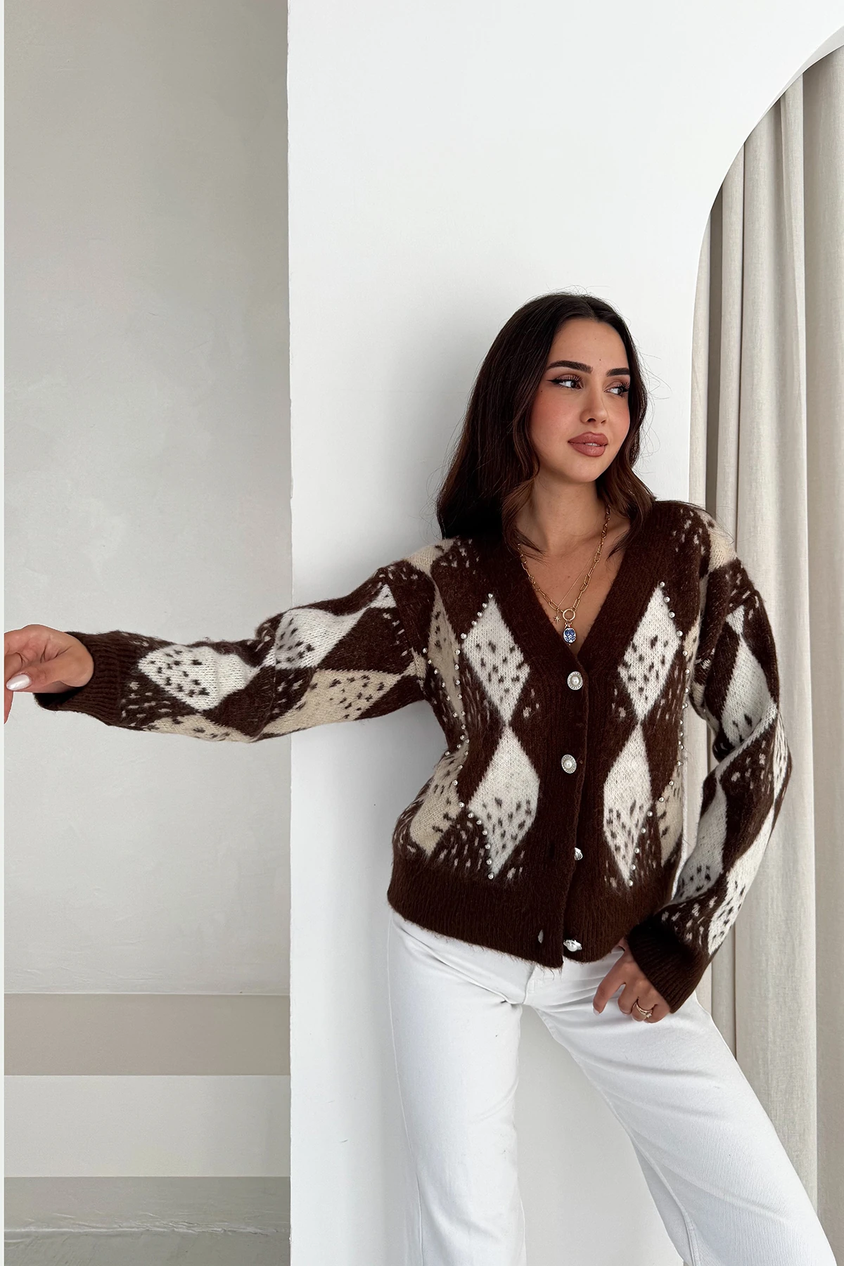 Kadın Argyle Desenli Triko Hırka – Retro & Zarif Stil