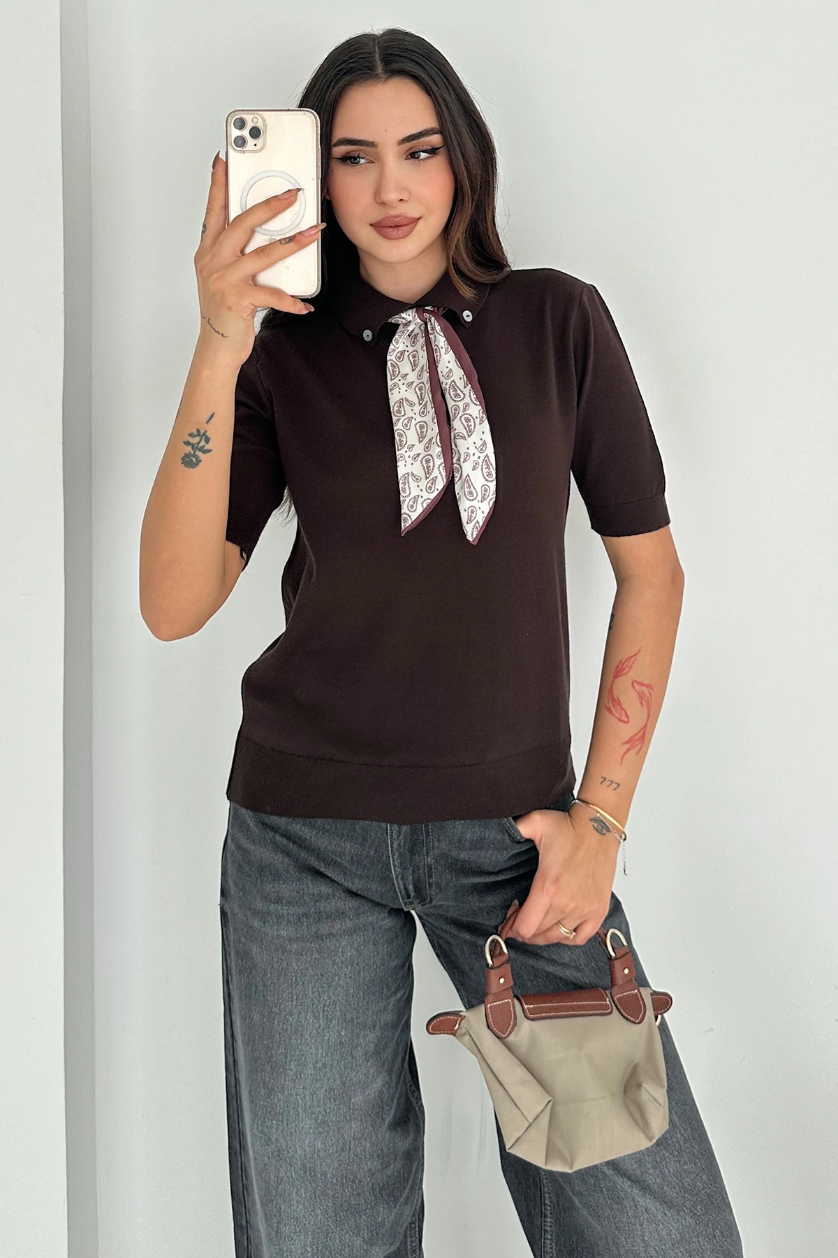 Kadın Polo Yaka Düğmeli Fular Detay Triko Kazak – Retro Accent