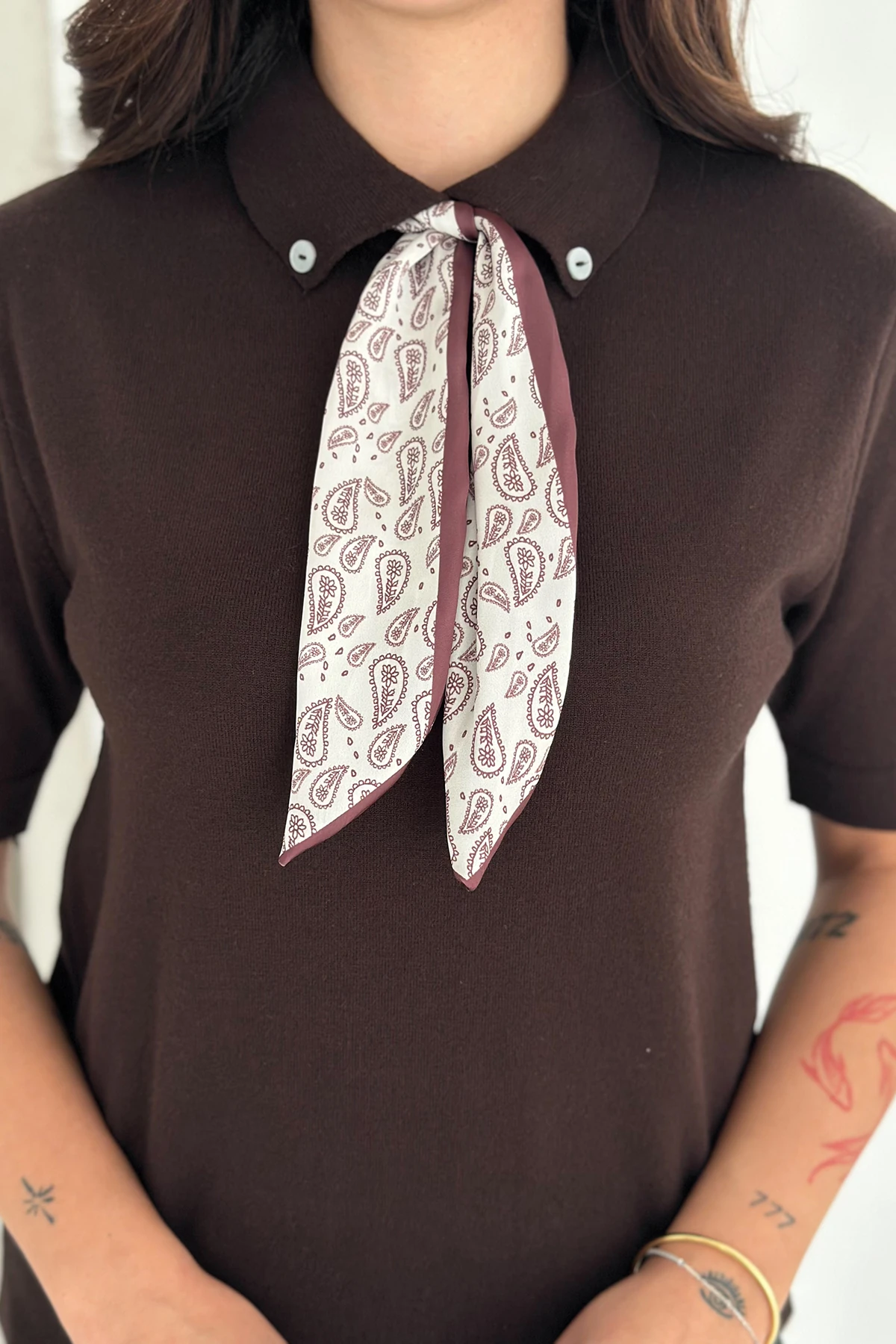 Kadın Polo Yaka Düğmeli Fular Detay Triko Kazak – Retro Accent