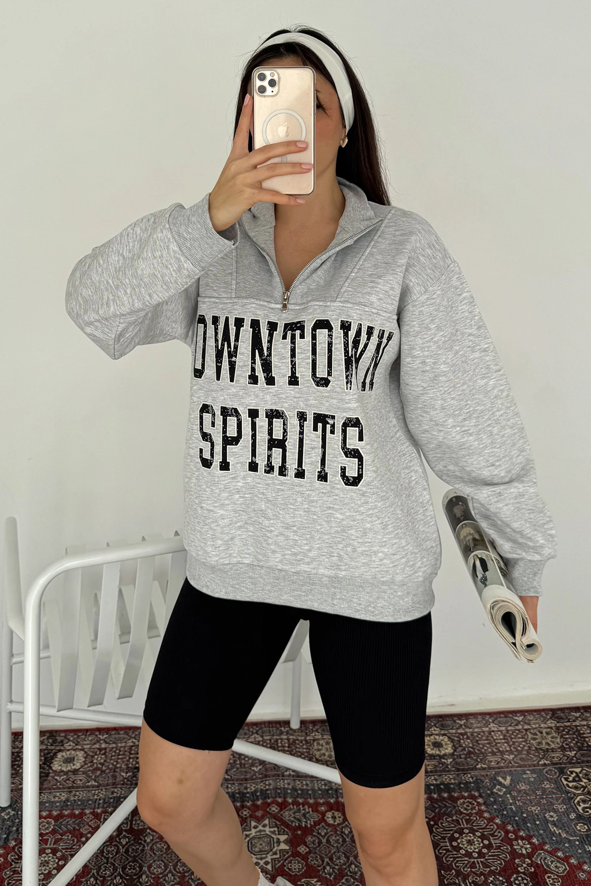 Kadın Fermuarlı Baskılı Sweatshirt – Downtown Energy
