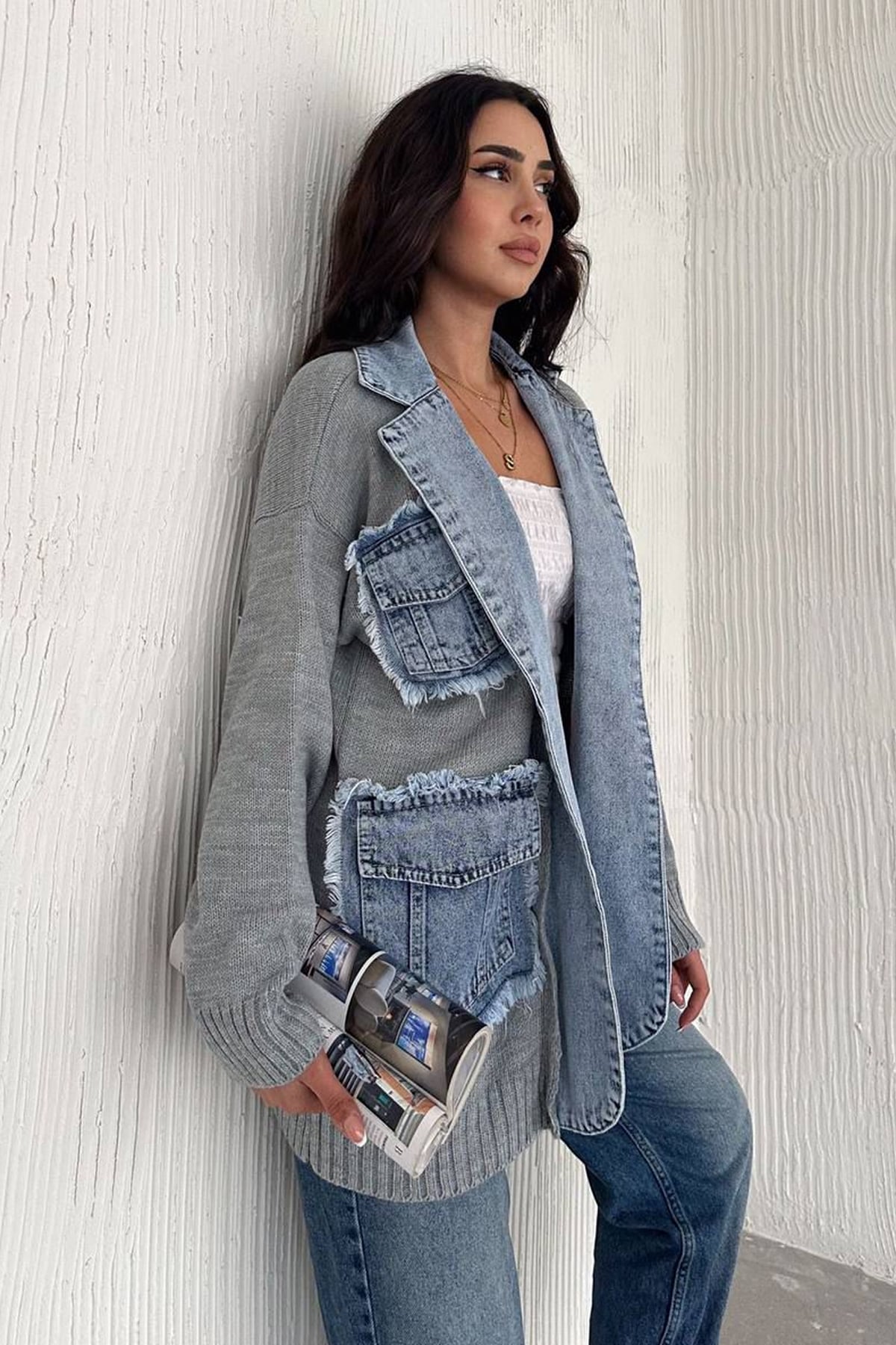 Kadın Kot Detaylı Cepli Oversize Triko Hırka – Sokak Ruhlu & Konforlu