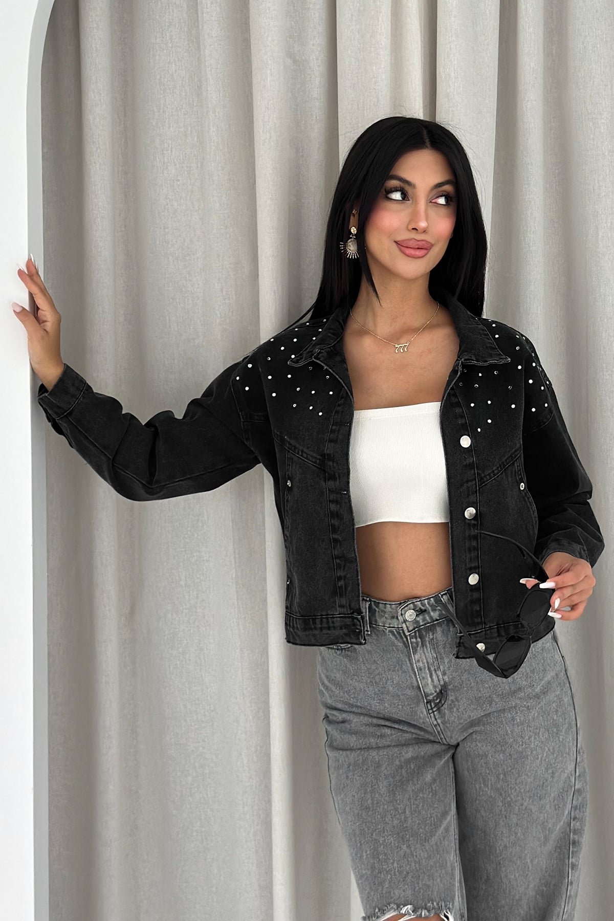Kadın Taş Detaylı Denim Ceket – Astarsız & Cool Model