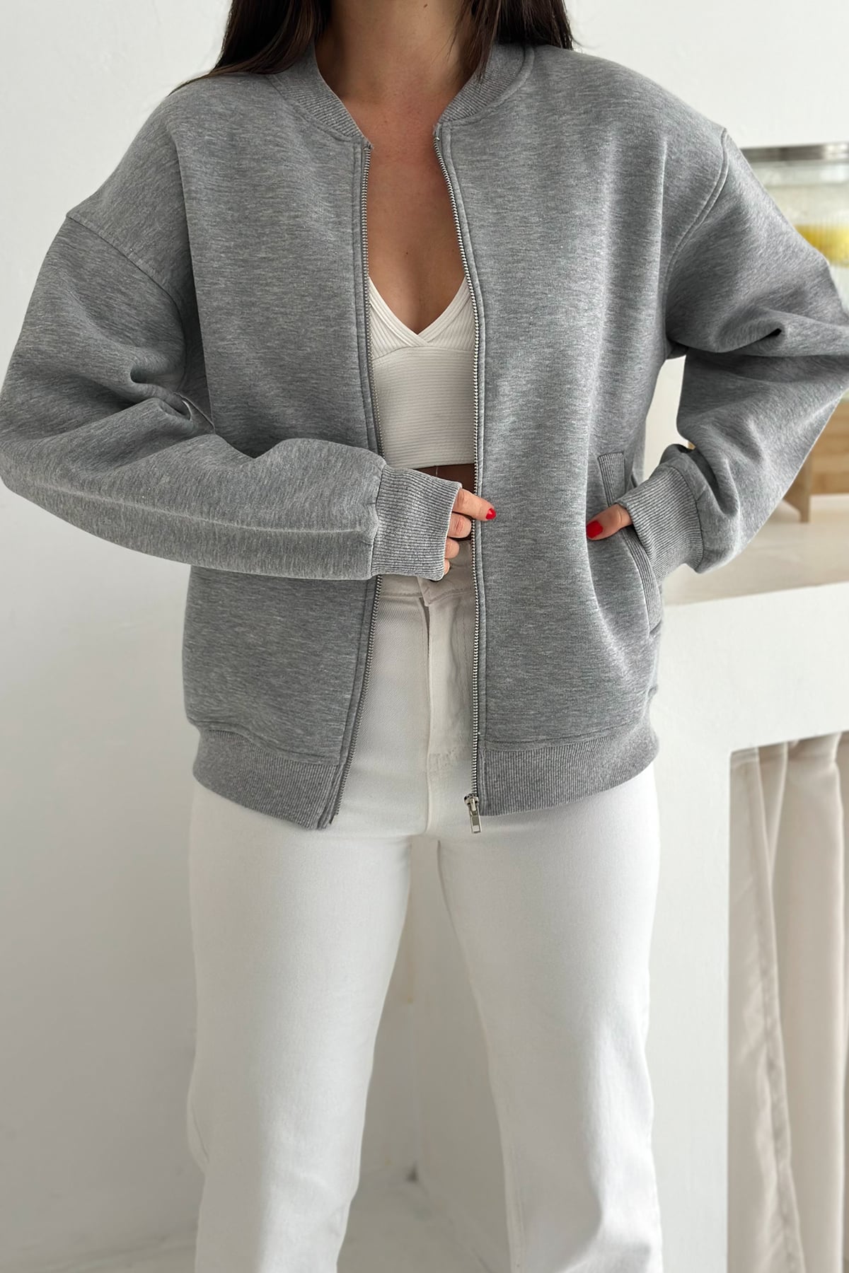 Kadın Fermuarlı Oversize Kolej Hoodie – Sardonlu & Kapüşonlu