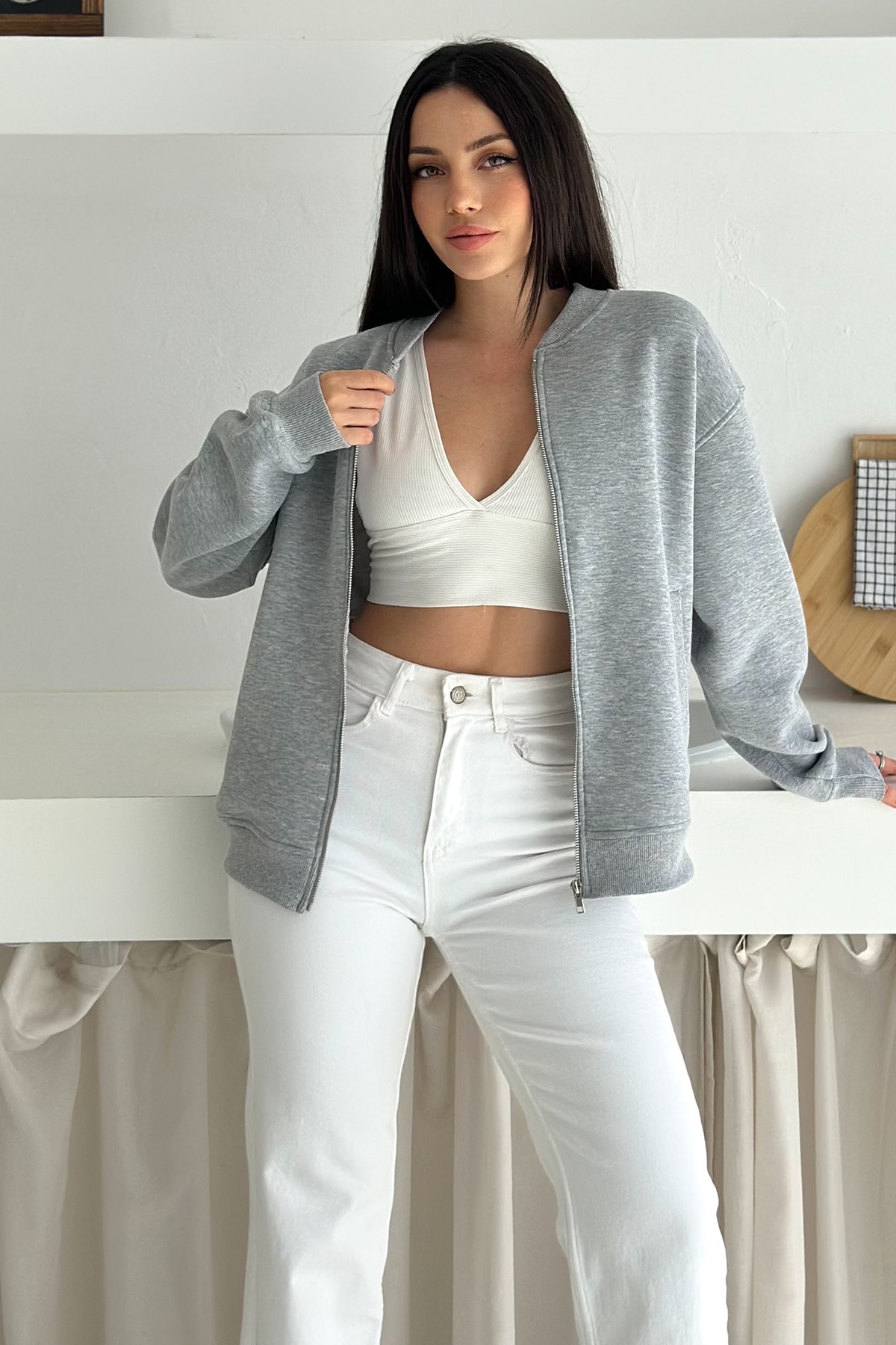 Kadın Fermuarlı Oversize Kolej Hoodie – Sardonlu & Kapüşonlu