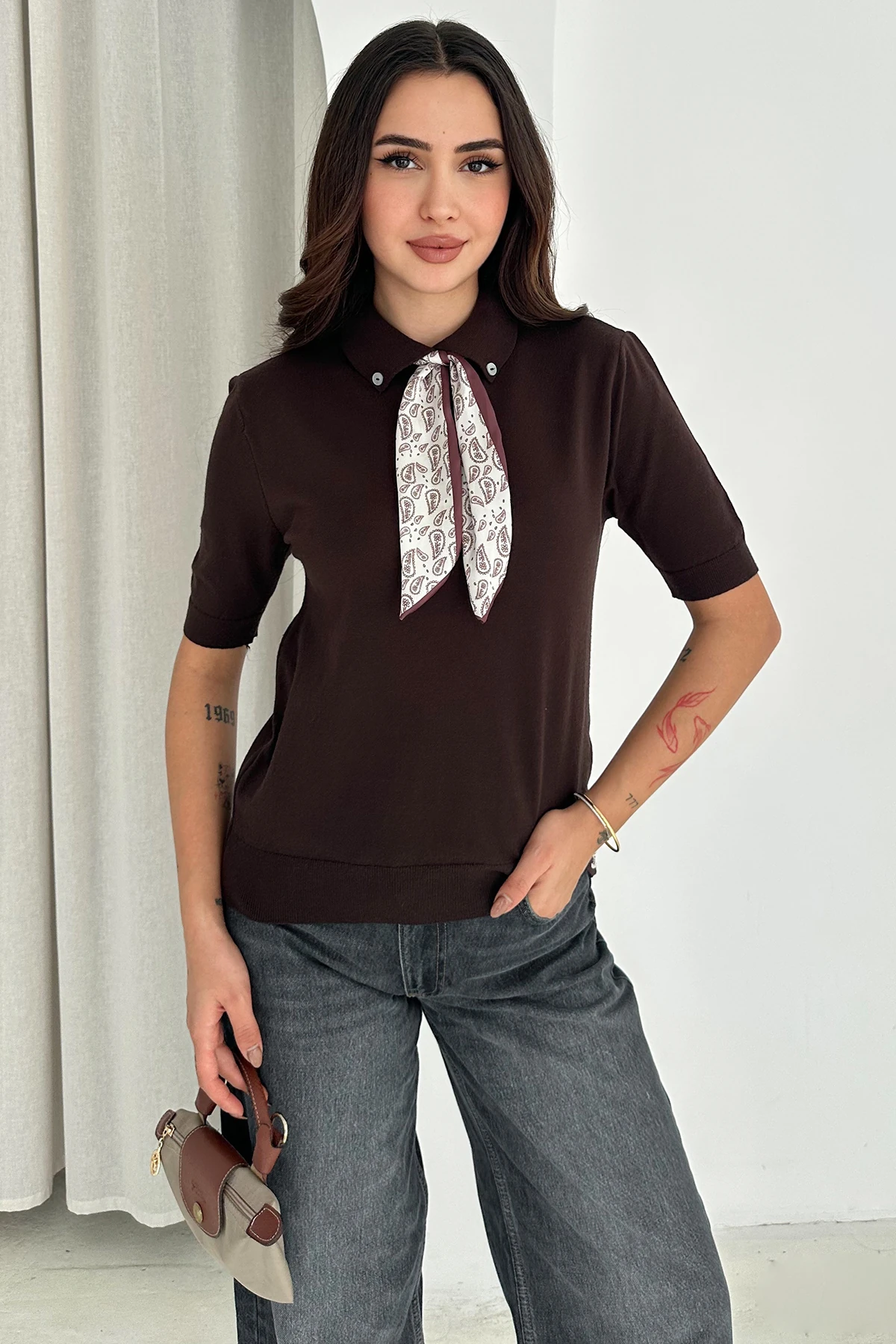Kadın Polo Yaka Düğmeli Fular Detay Triko Kazak – Retro Accent