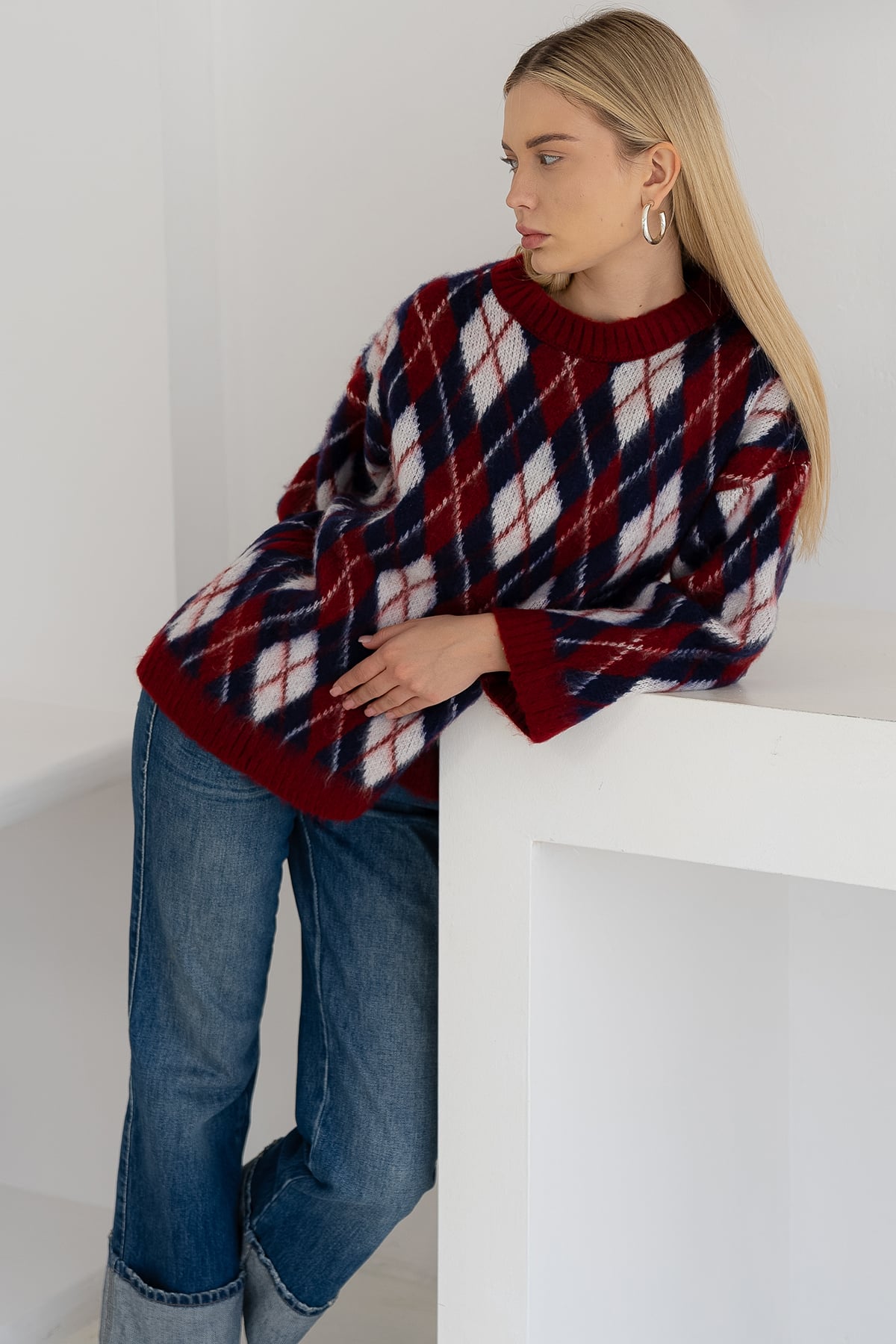 Kadın Oversize Sardonlu Tiftik Kazak – Yumoş Dokulu & Desenli