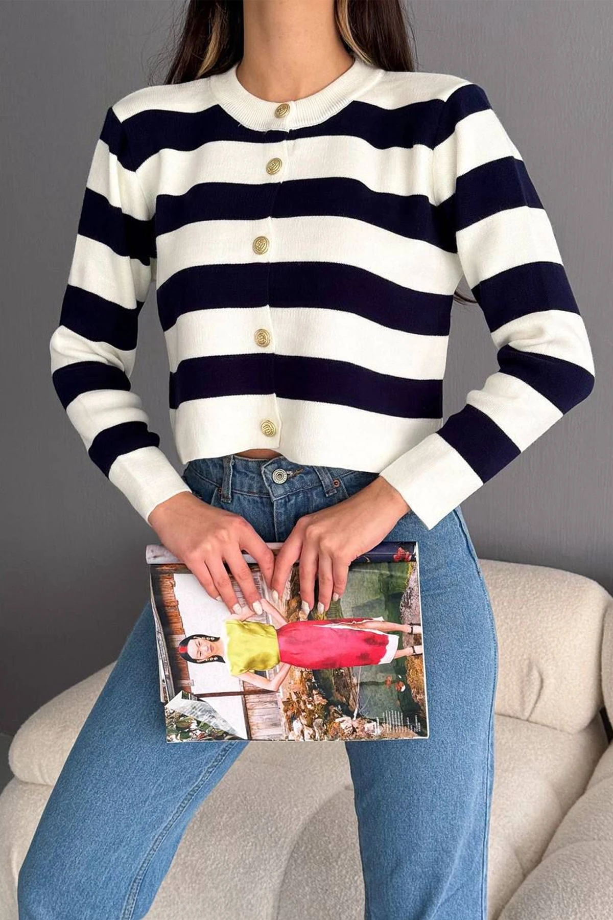 Kadın Çizgili Altın Düğmeli Triko Hırka – Parisian Line