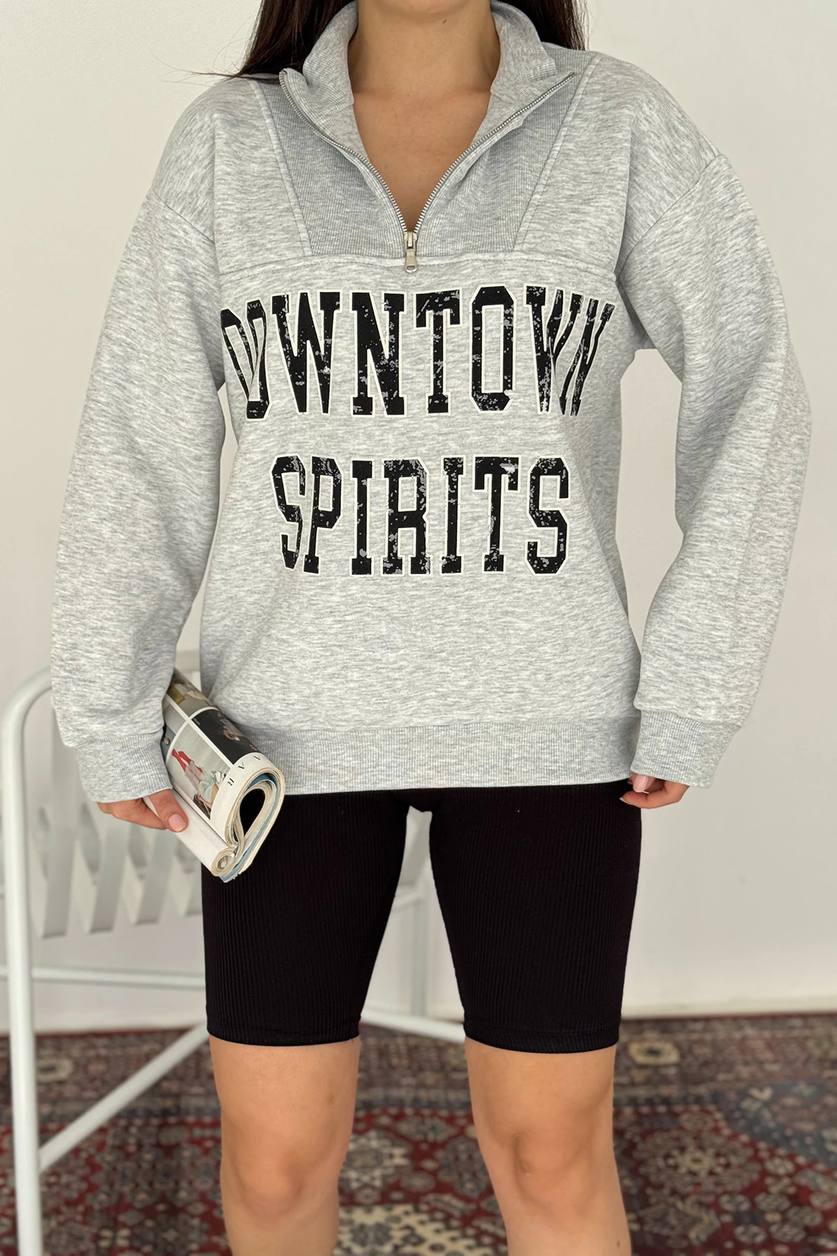 Kadın Fermuarlı Baskılı Sweatshirt – Downtown Energy