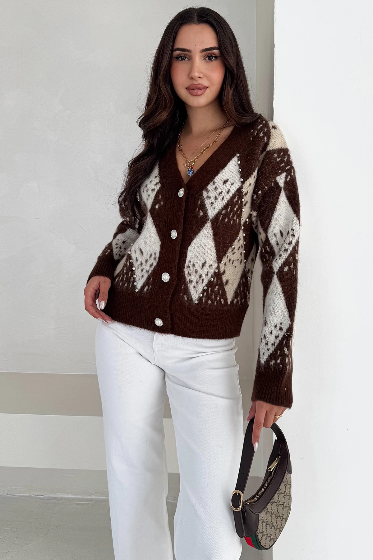 Kadın Argyle Desenli Triko Hırka – Retro & Zarif Stil