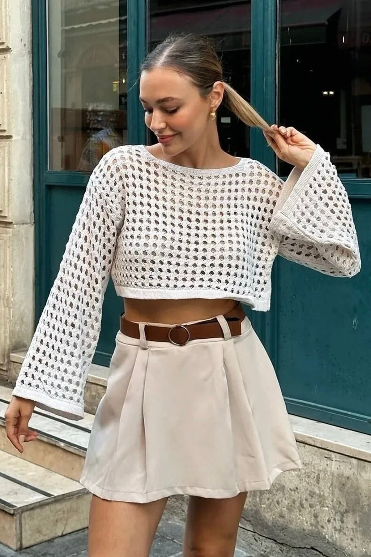 Bohem Beyaz Dantel Crop Bluz – Uzun Kollu, Bol Kesim