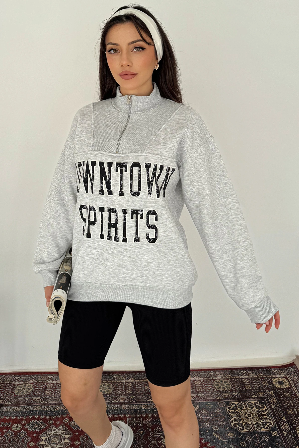 Kadın Fermuarlı Baskılı Sweatshirt – Downtown Energy