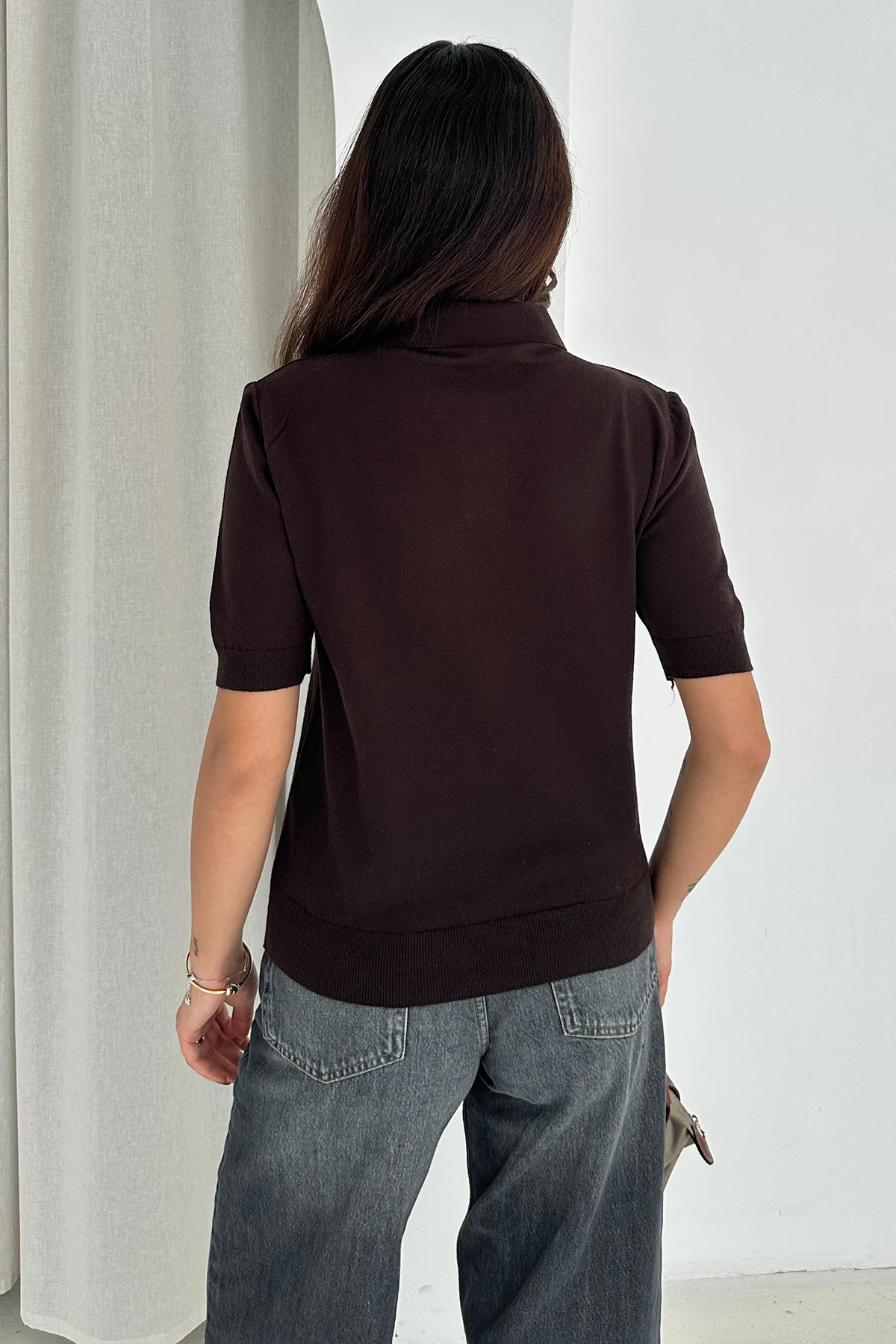 Kadın Polo Yaka Düğmeli Fular Detay Triko Kazak – Retro Accent