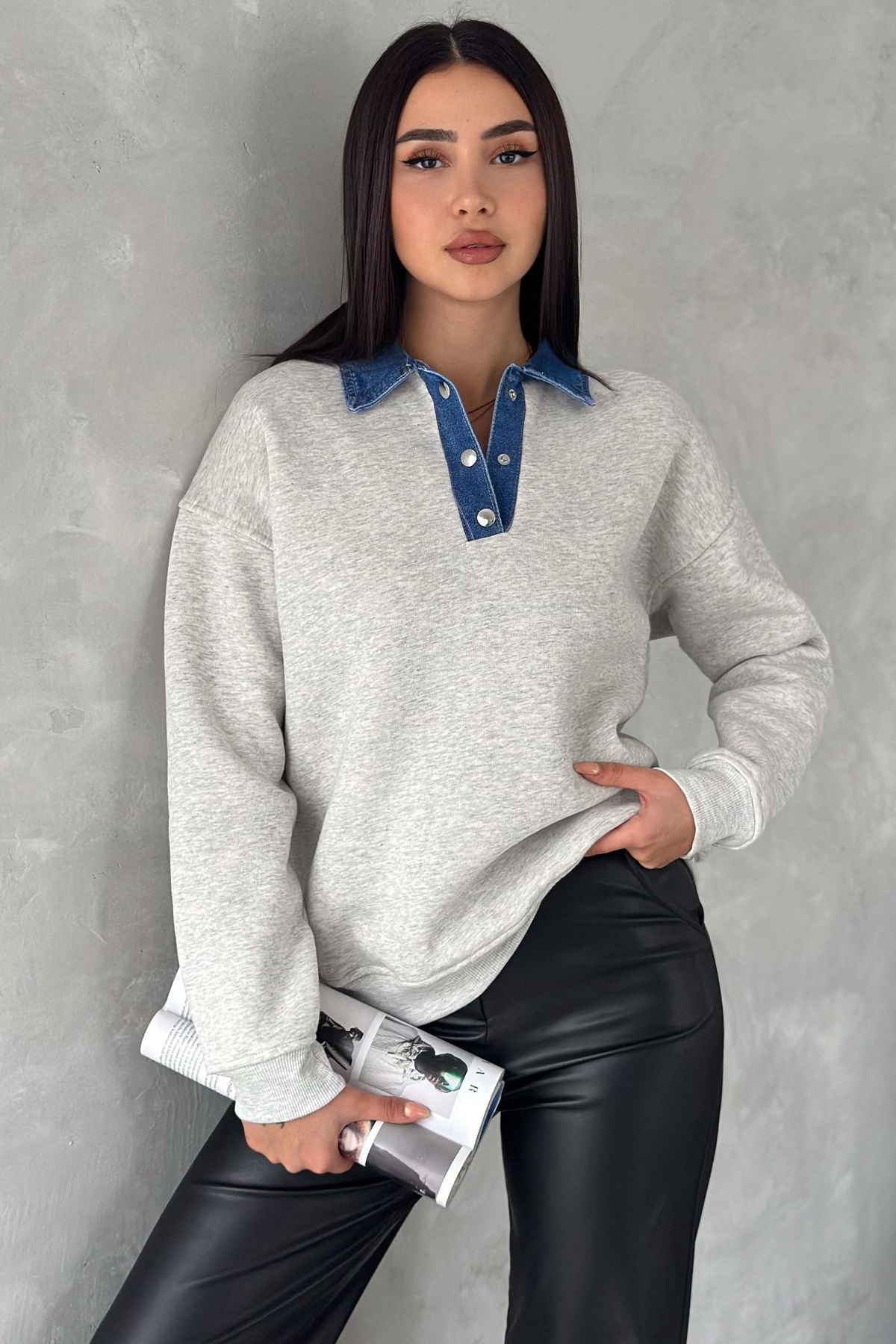 Kadın Denim Yakalı Sweatshirt – Sportif & Şehirli Konfor