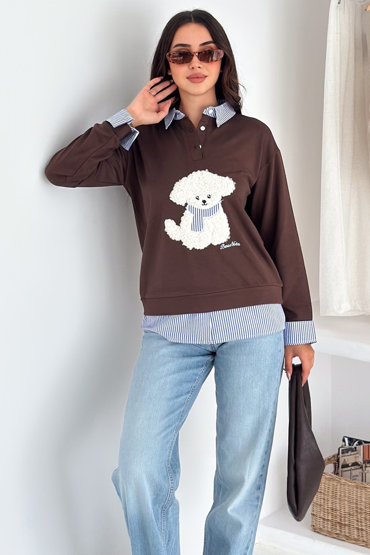 Kadın Nakış Peluş Ayıcık Figürlü Sweatshirt – Eğlenceli & Şehirli Stil