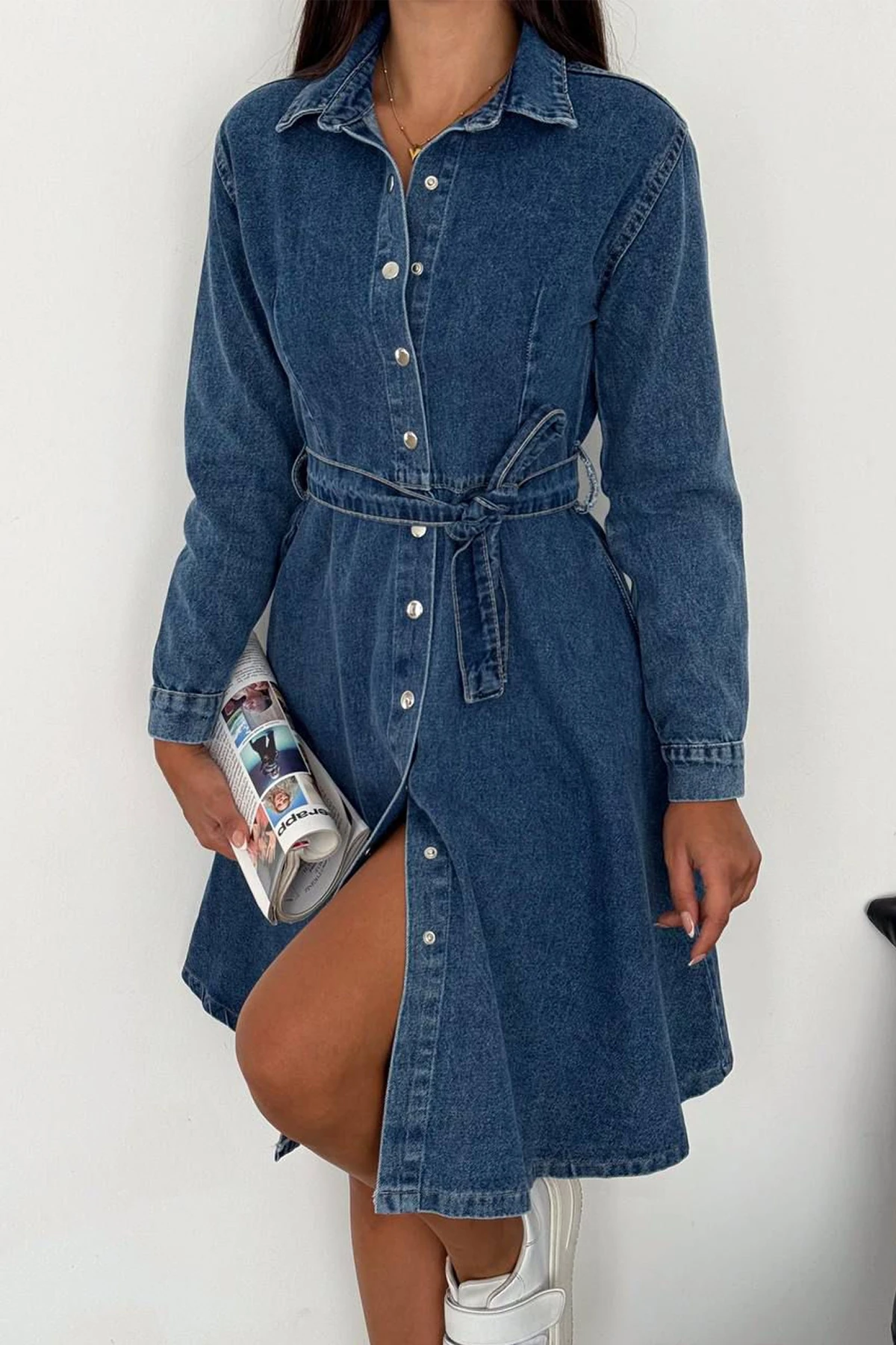 Kadın Kuşaklı Düğmeli Denim Elbise – Timeless Fit