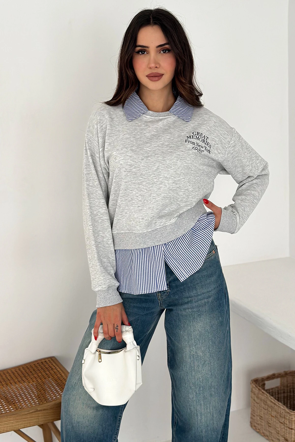 Kadın Gömlek Detaylı Baskılı Sweatshirt – Serene Layer