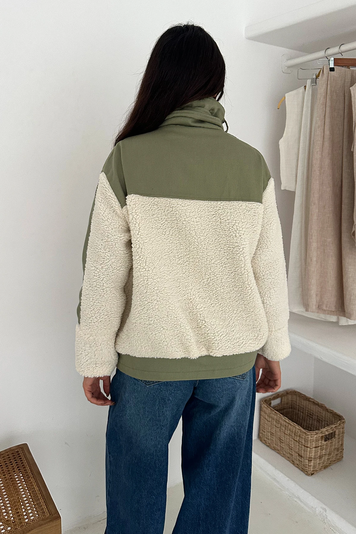 Kadın Renk Bloklu Fermuarlı Sherpa Mont – Cozy Contrast