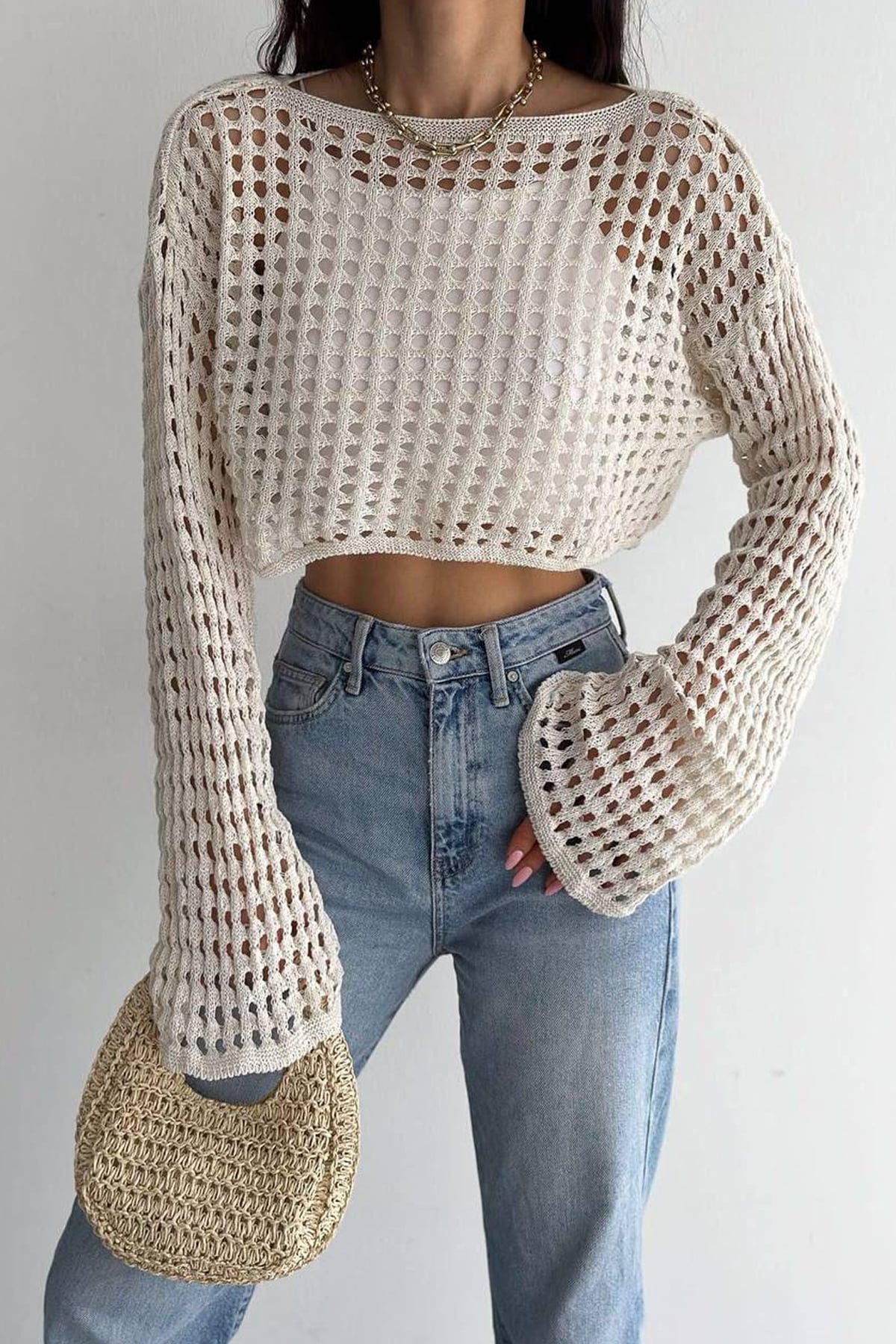 Bohem Beyaz Dantel Crop Bluz – Uzun Kollu, Bol Kesim