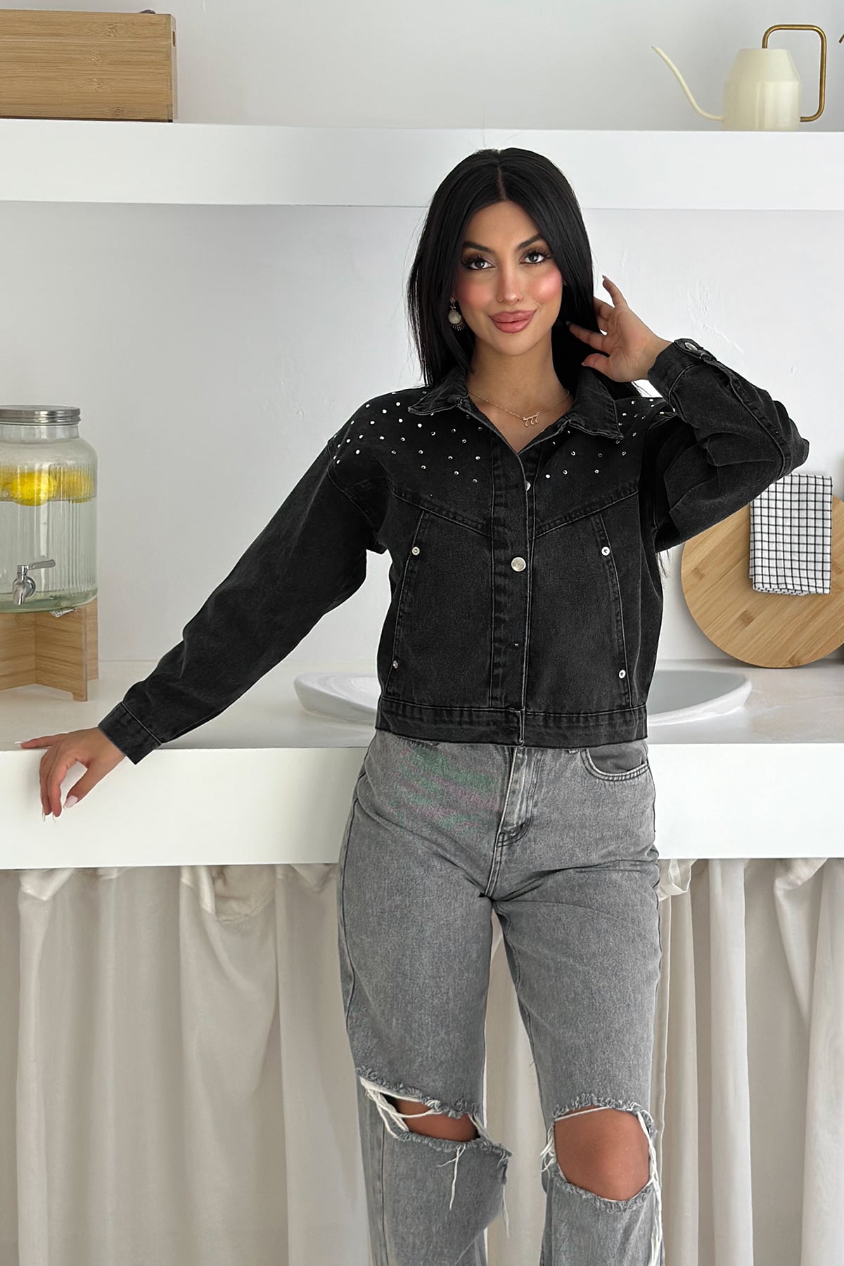 Kadın Taş Detaylı Denim Ceket – Astarsız & Cool Model