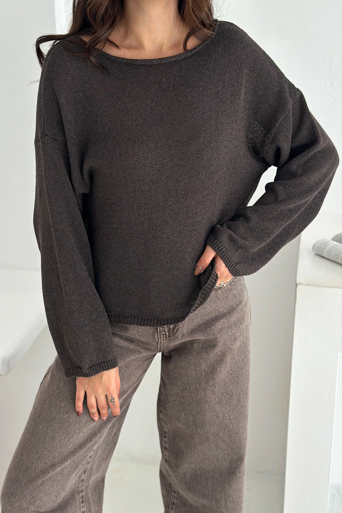 Kadın Omuz Açık Salaş Triko Kazak – Soft Elegance