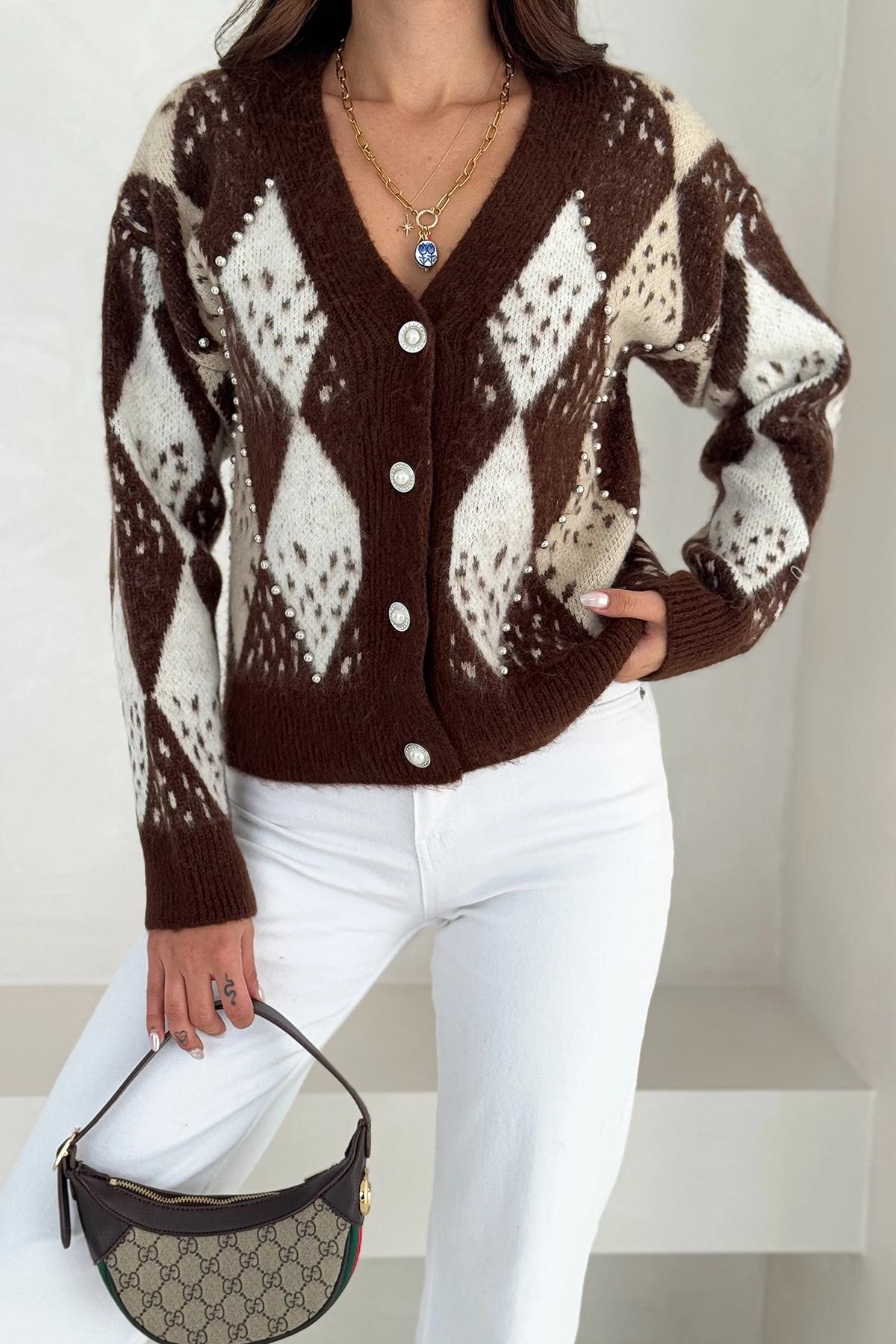 Kadın Argyle Desenli Triko Hırka – Retro & Zarif Stil