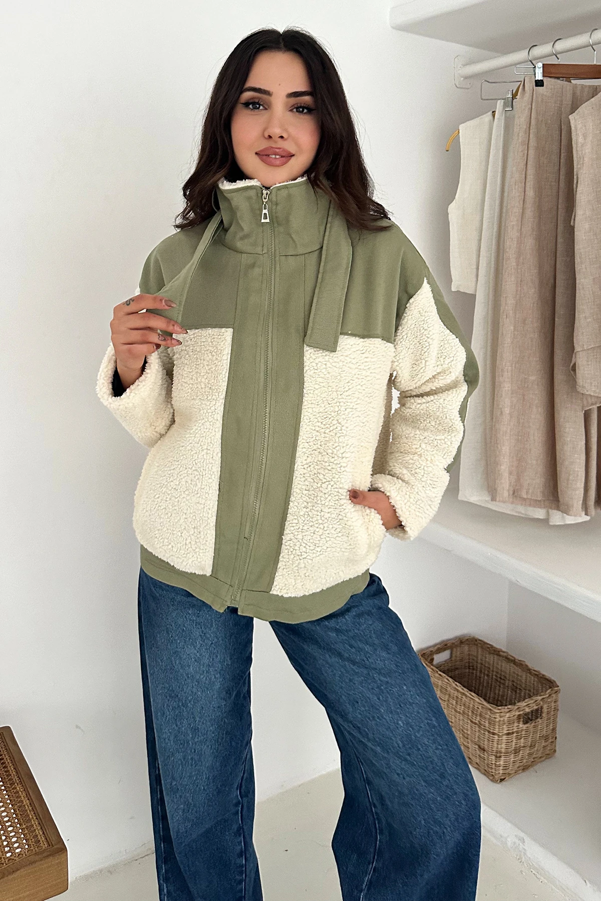 Kadın Renk Bloklu Fermuarlı Sherpa Mont – Cozy Contrast