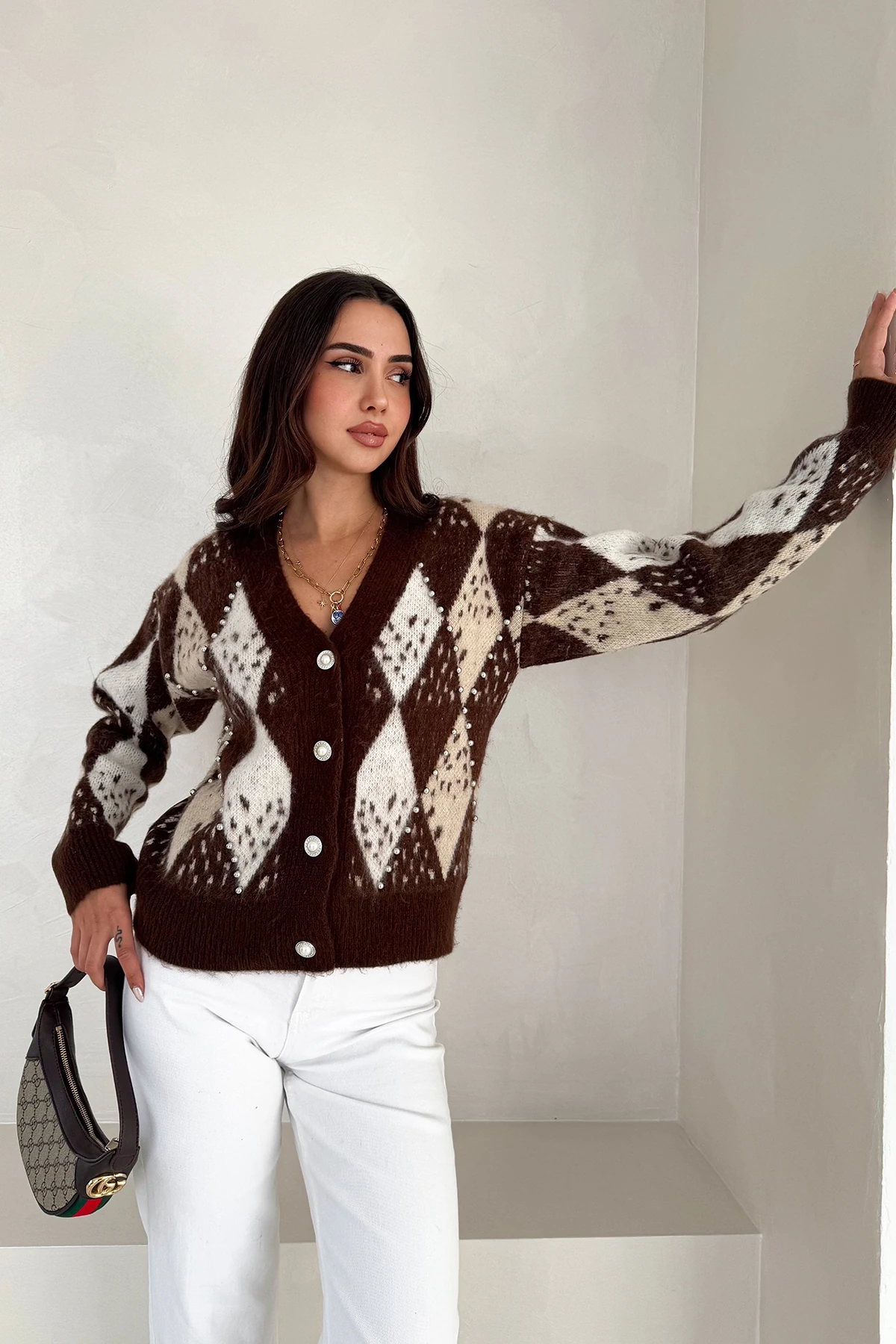 Kadın Argyle Desenli Triko Hırka – Retro & Zarif Stil